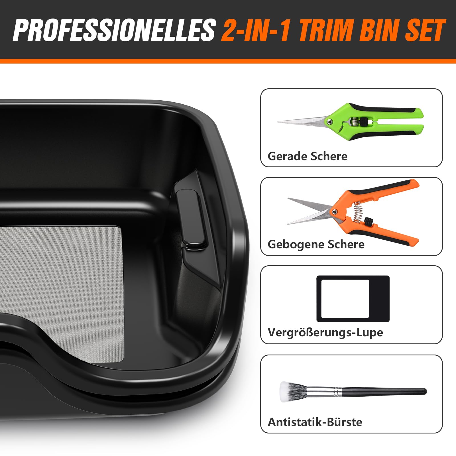 Magicbox Trim Bin Pro Set mit 150 Micron Pollensieb, Ergonomische Trimmschale & Trim Tray inkl. 2 Scheren, Lupe & Bürste, Ihr Professionelles Trim Bin für Kräuter