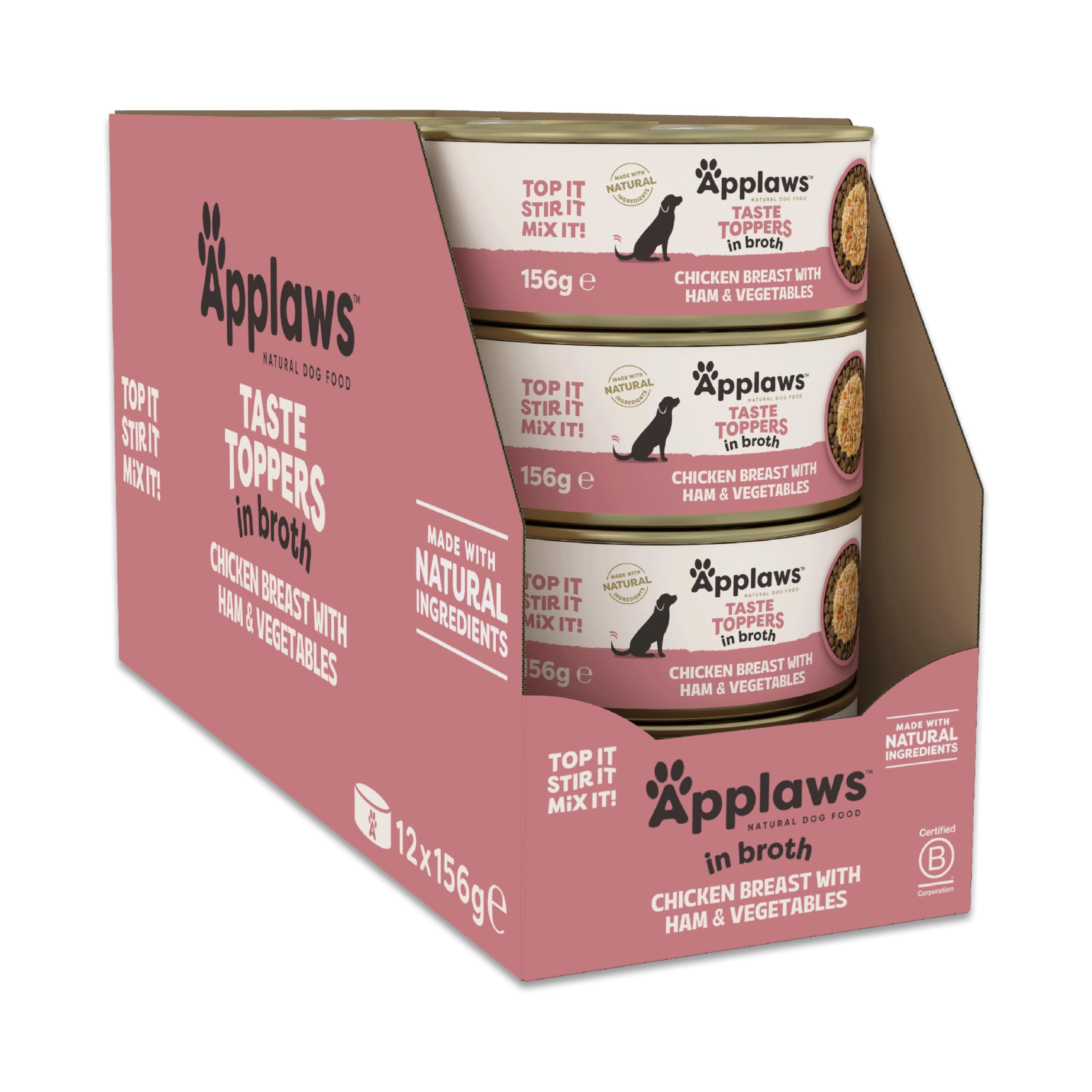 Applaws 100% Natural Wet Dog Food Tins, Chicken Breast with Ham and Vegetable in Broth, 156g (Pack of 12)