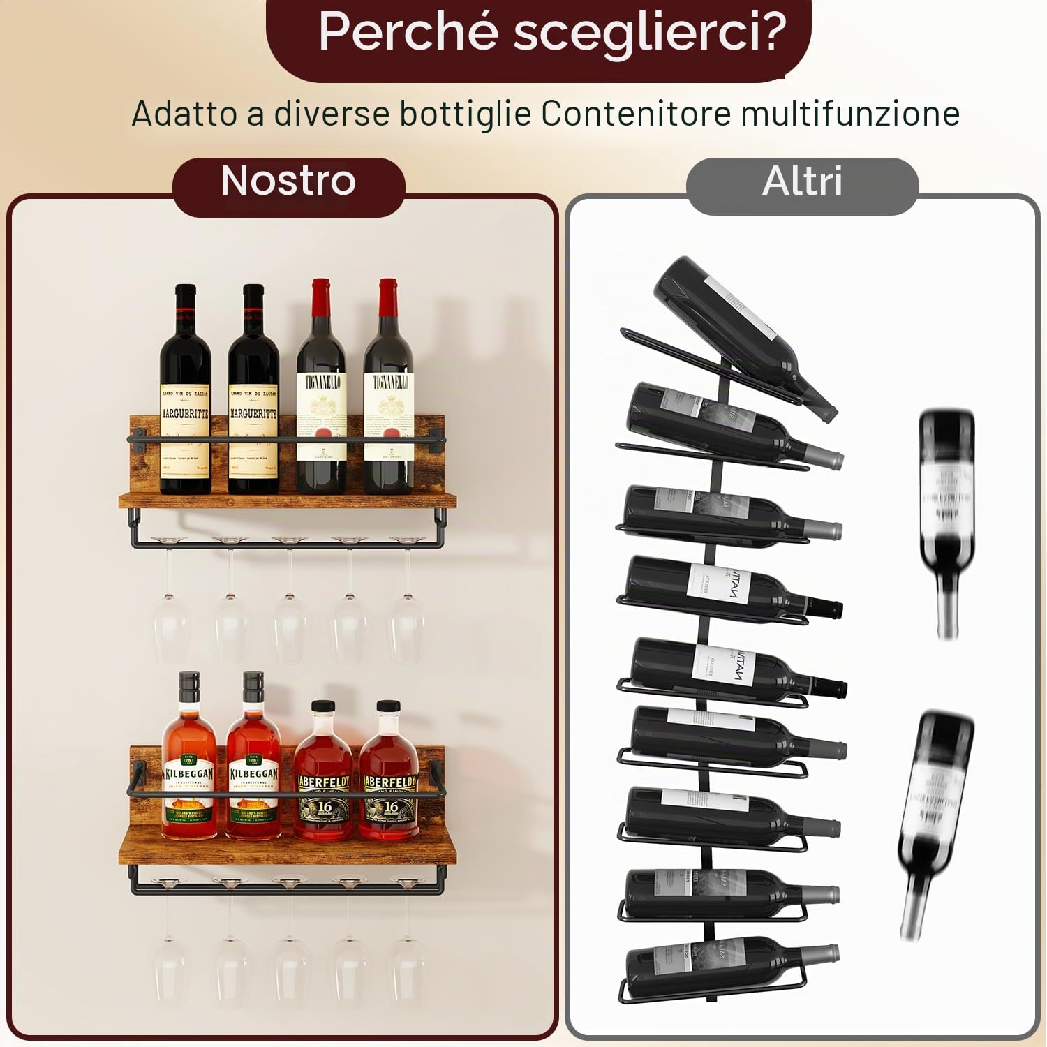 IBUYKE Portabottiglie da Parete,Porta Vino in Legno,Set da 2,Porta Calici da Parete,Multifunzione Mensola Parete per Cucina, Sala da Pranzo, Bar, Marrone Rustico TMJ910H