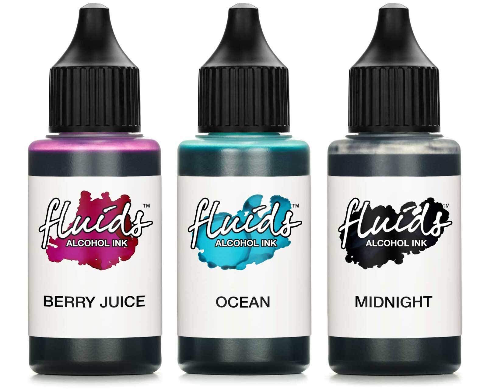 3x 30ml Octopus Fluids Alcohol Ink Set MIDNIGHT, OCEAN, BERRY JUICE, inchiostro ad alcool per Fluid Art, argilla polimerica e Resin Art, resina epossidica