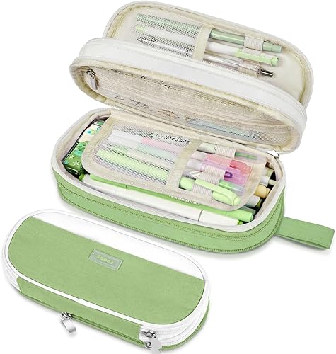 Miniatura 14 de Sooez Estuche grande para lápices, bolsa de lápices expandible con 5 compartimentos, organizador de lona de gran capacidad con cremallera, bolsa