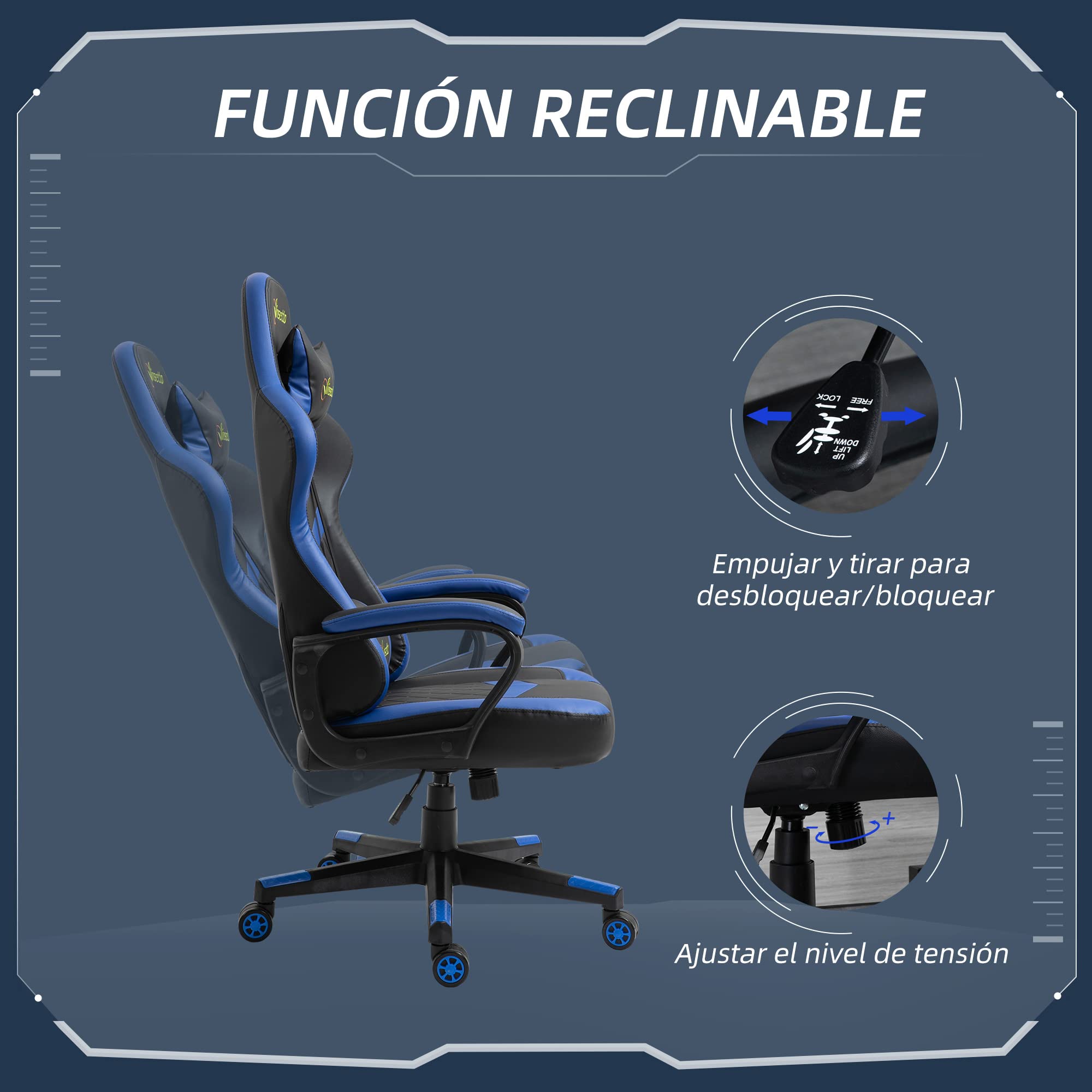 Vinsetto Silla Gaming Basculante Silla Gamer Altura Regulable con Reposacabezas y Cojín Lumbar para Salón Dormitorio Carga 120 kg 61x70x121-129 cm Azul