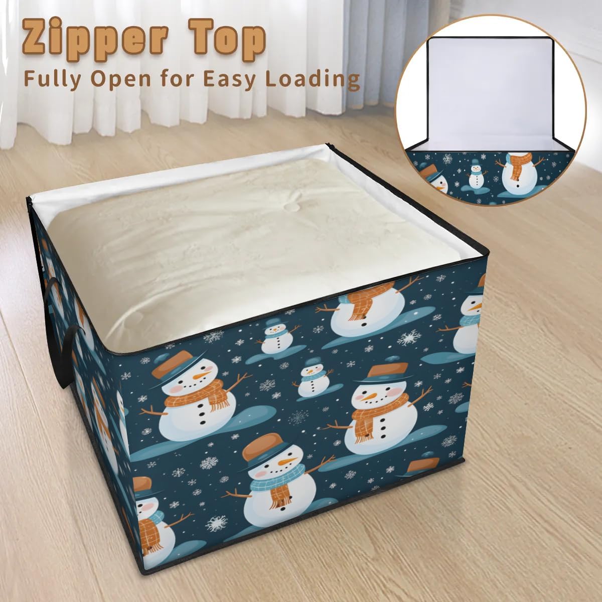 Honeybaby 214L Extra Large Comforter Storage Bag Winter Snowman Snowflake Storage Totes with Lids Waterproof Closet Organizer Folding Blanket Storage Bags for Clothes Bedding Pillows