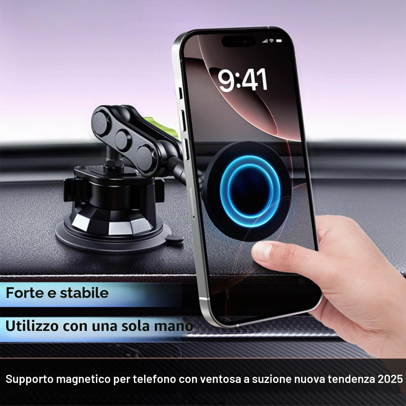 EMEBAY Supporto Magnetico per Auto, Lega di Alluminio Resistente al Calore | per Cruscotto/Parabrezza, Supporto per Telefono da Auto per Smartphone/Telecamere, Stabile, Anti-vibrazione a 360°