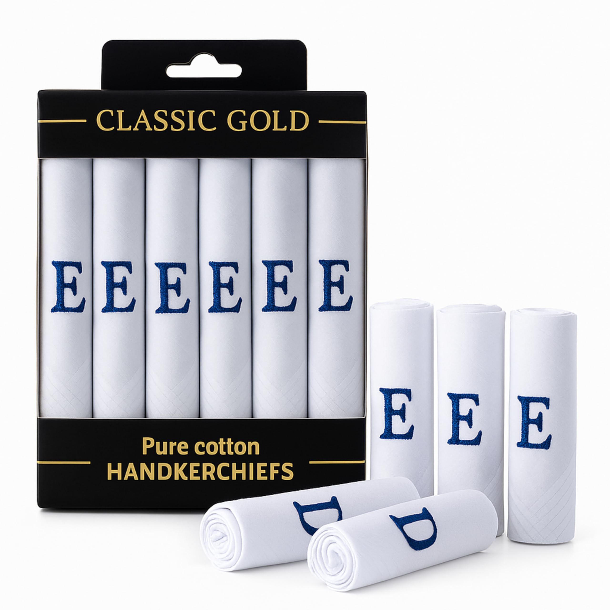 7 Pack Of Mens/Gentlemens White Satin Bordered Handkerchiefs With & Blue Embroidered Initials, E