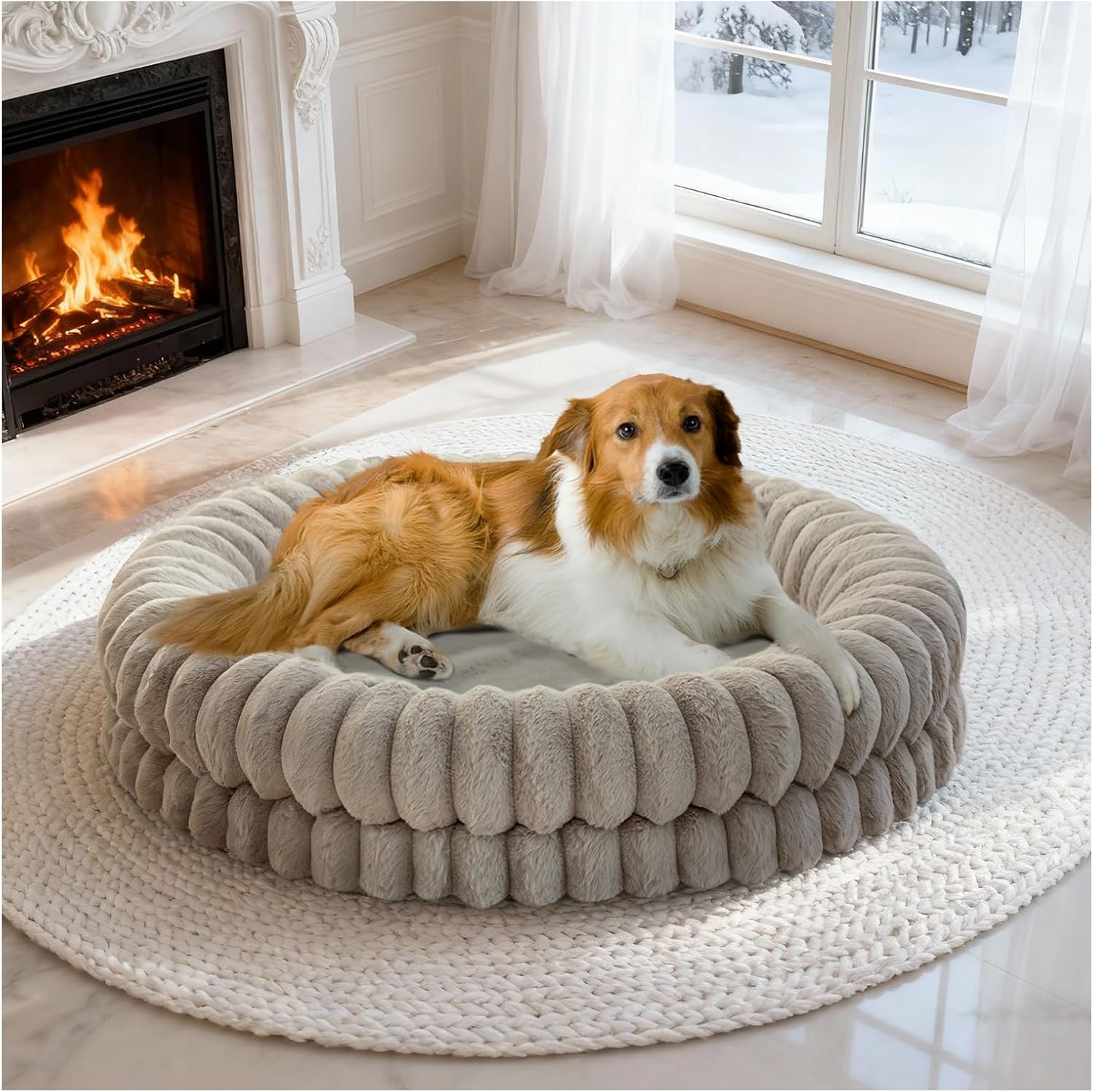 BALANCE Luxury Donut Dog Bed, 36 Inches Round Dog Beds Large Sized Dogs Washable, Orthopedic Calming Dogs Bed for Pets with Anti-Slip Bottom, Oatmeal 36.0"L x 36.0"W x 7.5"Th Oatmeal