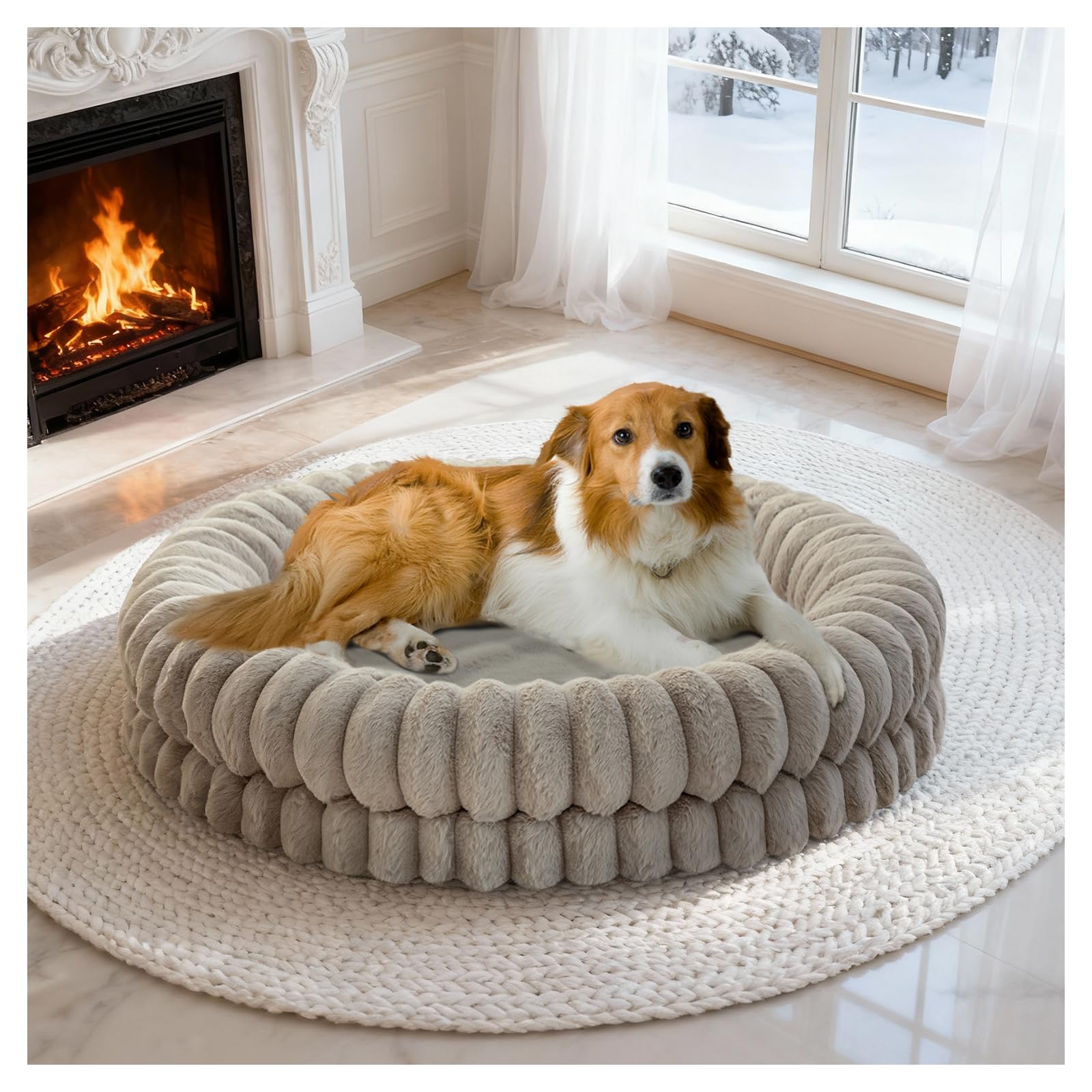 BALANCE Luxury Donut Dog Bed, 36 Inches Round Dog Beds Large Sized Dogs Washable, Orthopedic Calming Dogs Bed for Pets with Anti-Slip Bottom, Oatmeal