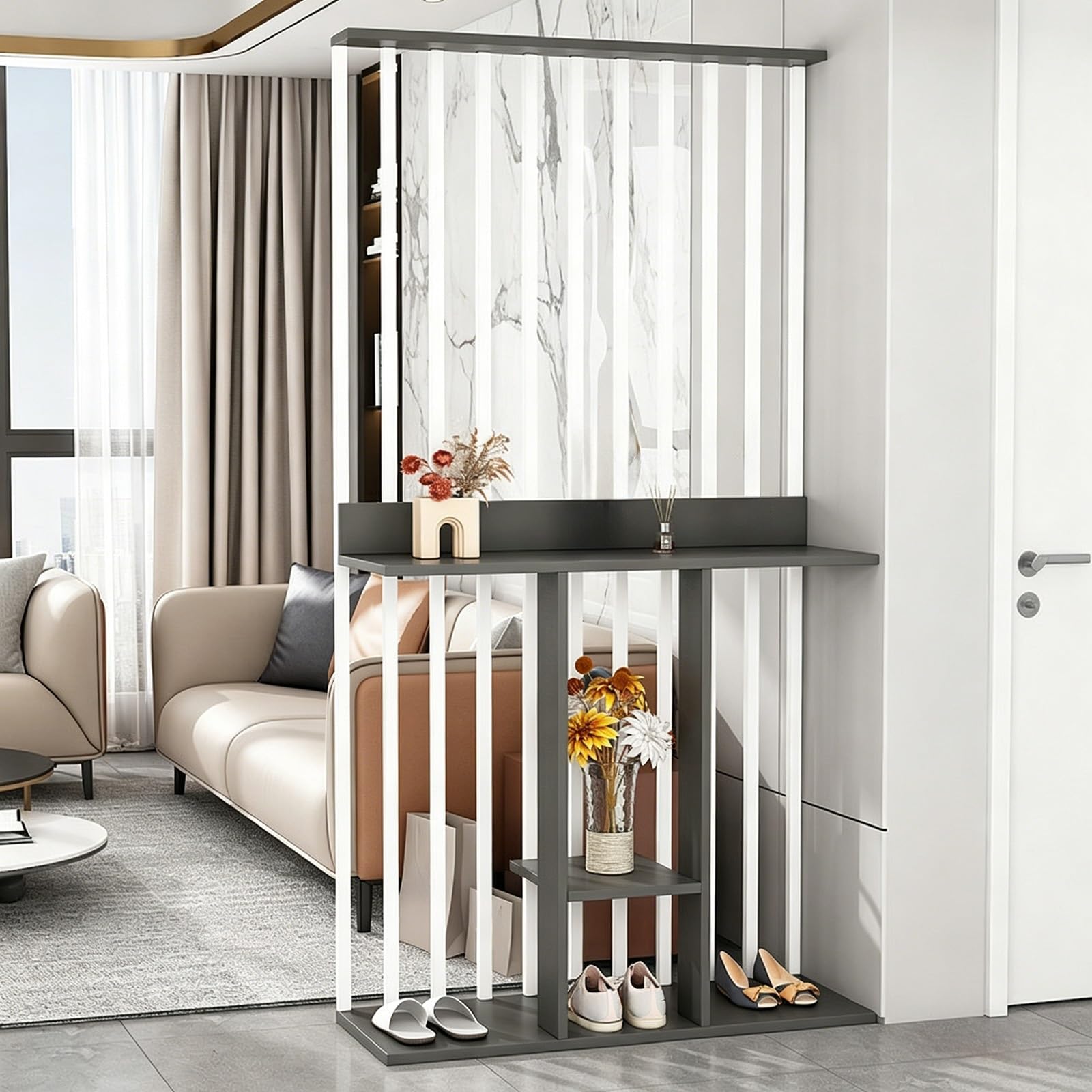 Wall Room Divider, Freestanding Slatted Partition with Shelves, Modern Slim Privacy Screen for Entryway, Living Room and Hallway(White+Gray,100cm)