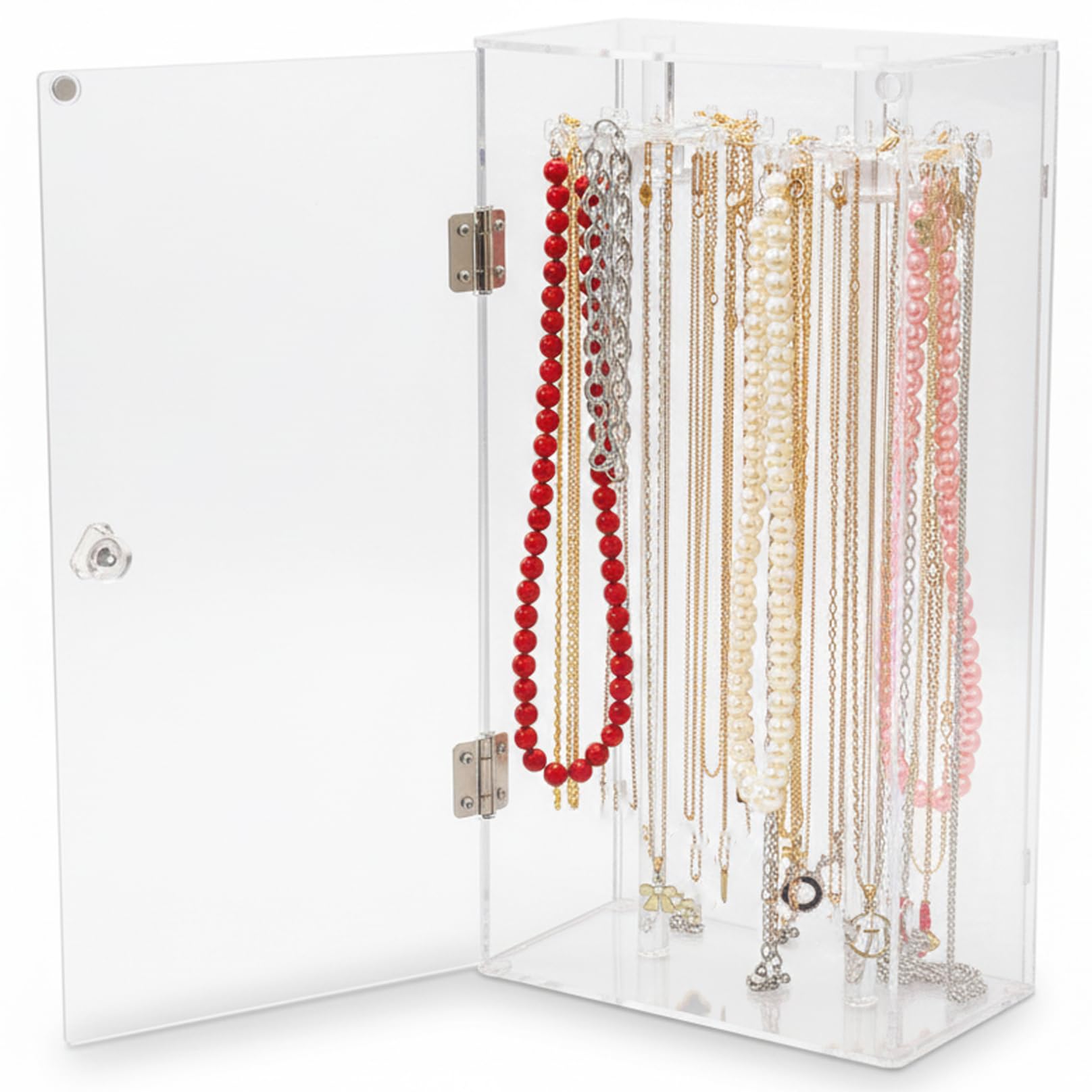 Perodlly Necklace Holder Stand, 12.6-inch Acrylic Necklace Display with Rotating Hooks & Magnetic Closure, Dust-Proof Clear Case for Bracelets and Chains..