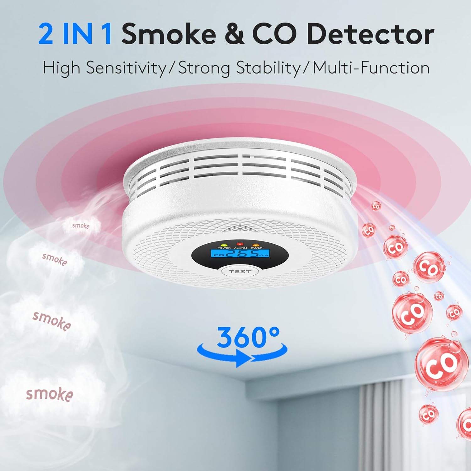 3-Pack Smoke Detector Carbon Monoxide Detector Combo 10 Year Battery, Test/Silence Button, Smoke Alarm and CO Detector for Any Room, Simple Setup - Image 2