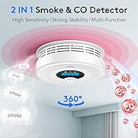 Vista 2 de Paquete de 1 detector de humo Detector de monóxido de carbono Combo batería de 10 años, pantalla LCD y alertas visuales, alarma de humo y CO