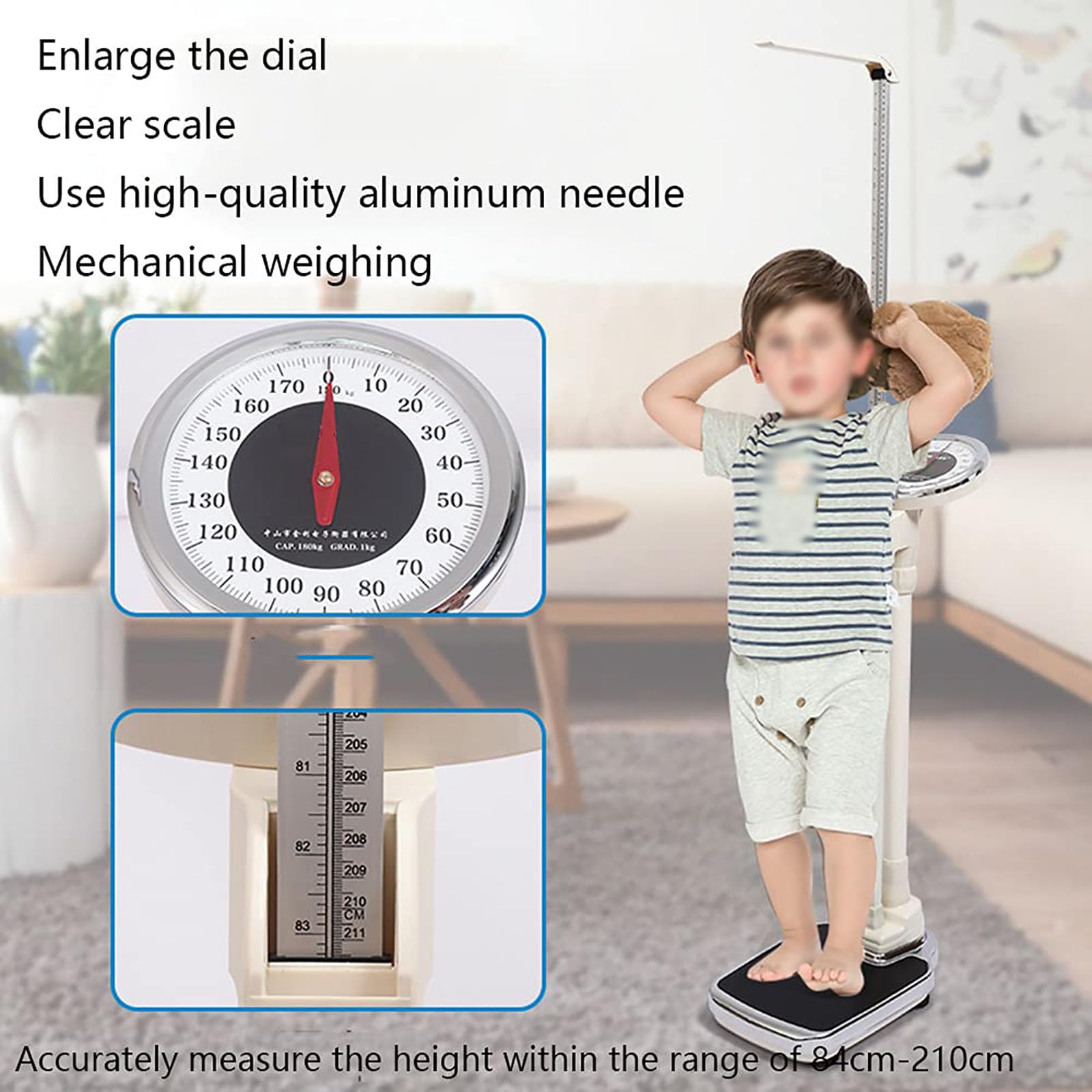 Professionelle Arztwaage, 2-in-1-Größen- und Gewichtswaage mit verstellbarer Stange, 60–210 cm Körpergröße & 0–180 kg Tragkraft für Zuhause, Schule, Krankenhaus und Fitnessstudio,White