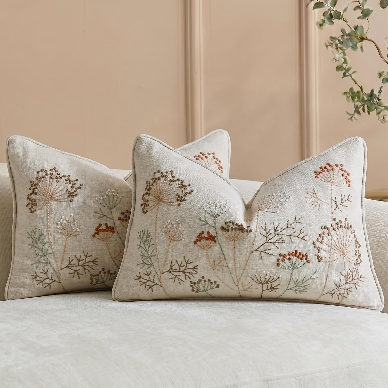 HOSTECCO Set of 2 Embroidered Oblong Cushion Covers 30x50 cm, Chenille Decorative Rectangle Scatter Cushions with Botanical Dandelion Embroidery, Rustic Beige Pillow Cases for Sofa Bed — image 1