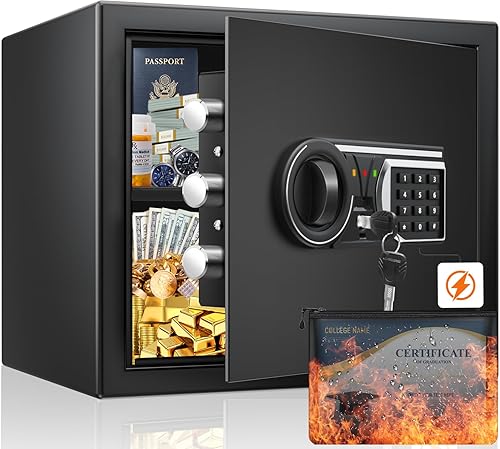 Caja fuerte para el hogar de 1.6 pies cúbicos con bolsa impermeable ignífuga, caja de seguridad digital con sistema de alerta inteligente y estante