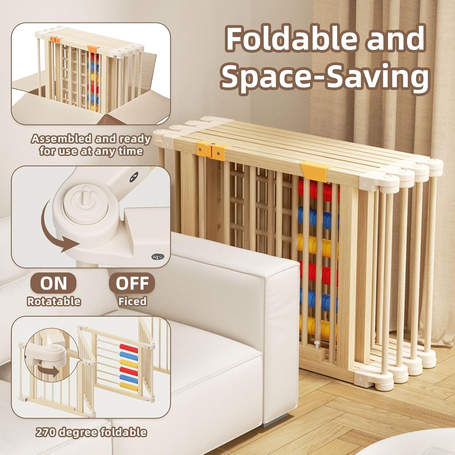 Baby Playpen,Wooden Foldable Playpen For Toddlers and Babies with Locking Gate, 8 Panels Baby Fence, Indoor Play Yard with Abacus, Kids Activity Center — view 6
