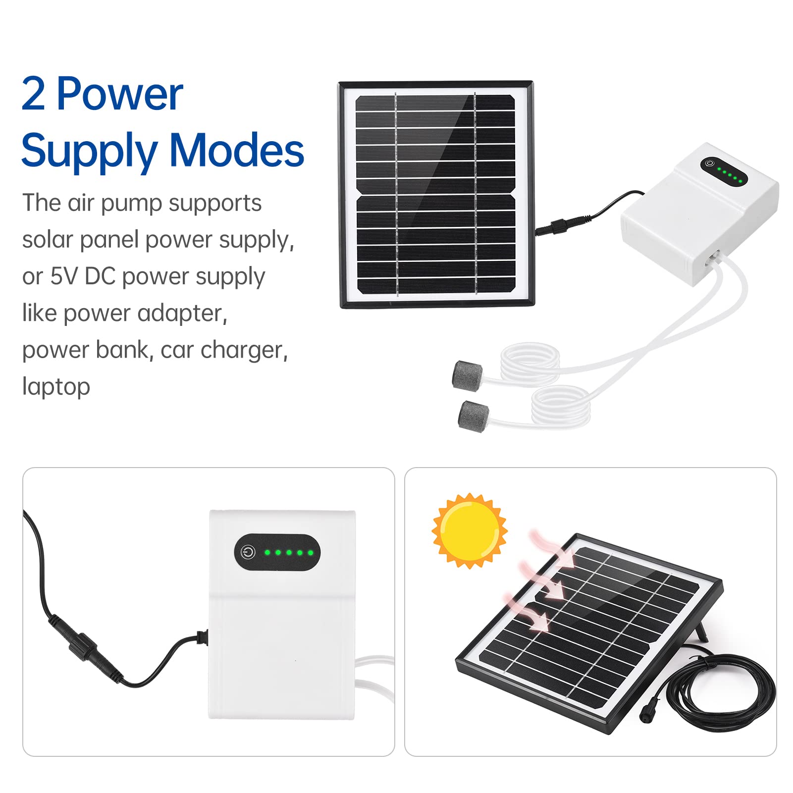 Kavolet Solarluftpumpe für Aquarien, 5 W/6 V Solar Teichbelüfter, Gartenteich Belüftung Sauerstoffpumpe Teich Luftpumpe Teichpumpe, 2 Arbeitsmodi mit Solarpanel/Sauerstoffrohr/2 Luftblasensteinen