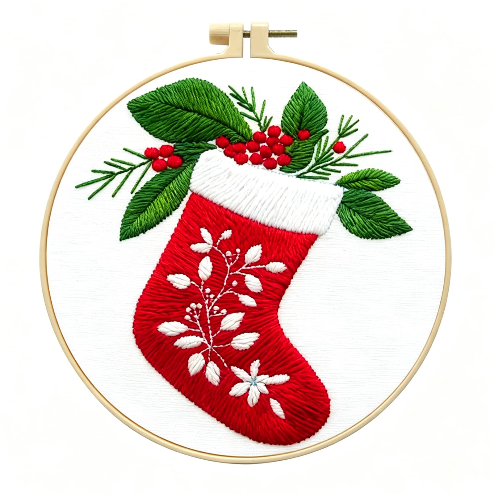 Zhenqing Christmas Stocking Embroidery Kit for Beginners, Red Stocking Needlework Kit with Pre-Printed Fabric, Hoop, Threads &amp; Tools (C0035)