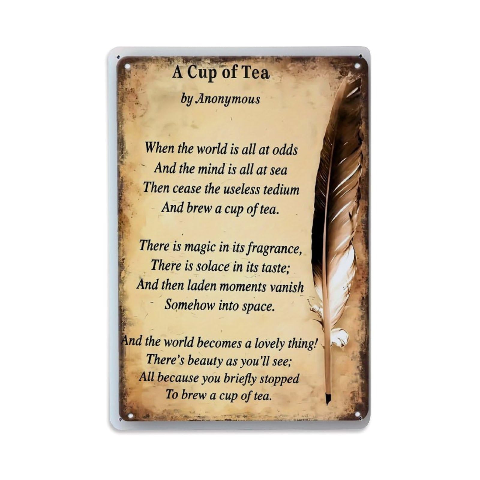 Jdfenggu Vintage Tea Poem Feather Metal Retro Metal Tin Sign, Decor Art Poster For Bar, Home, Man Cave, Kitchen, Laundry Room Gift 8X12inch
