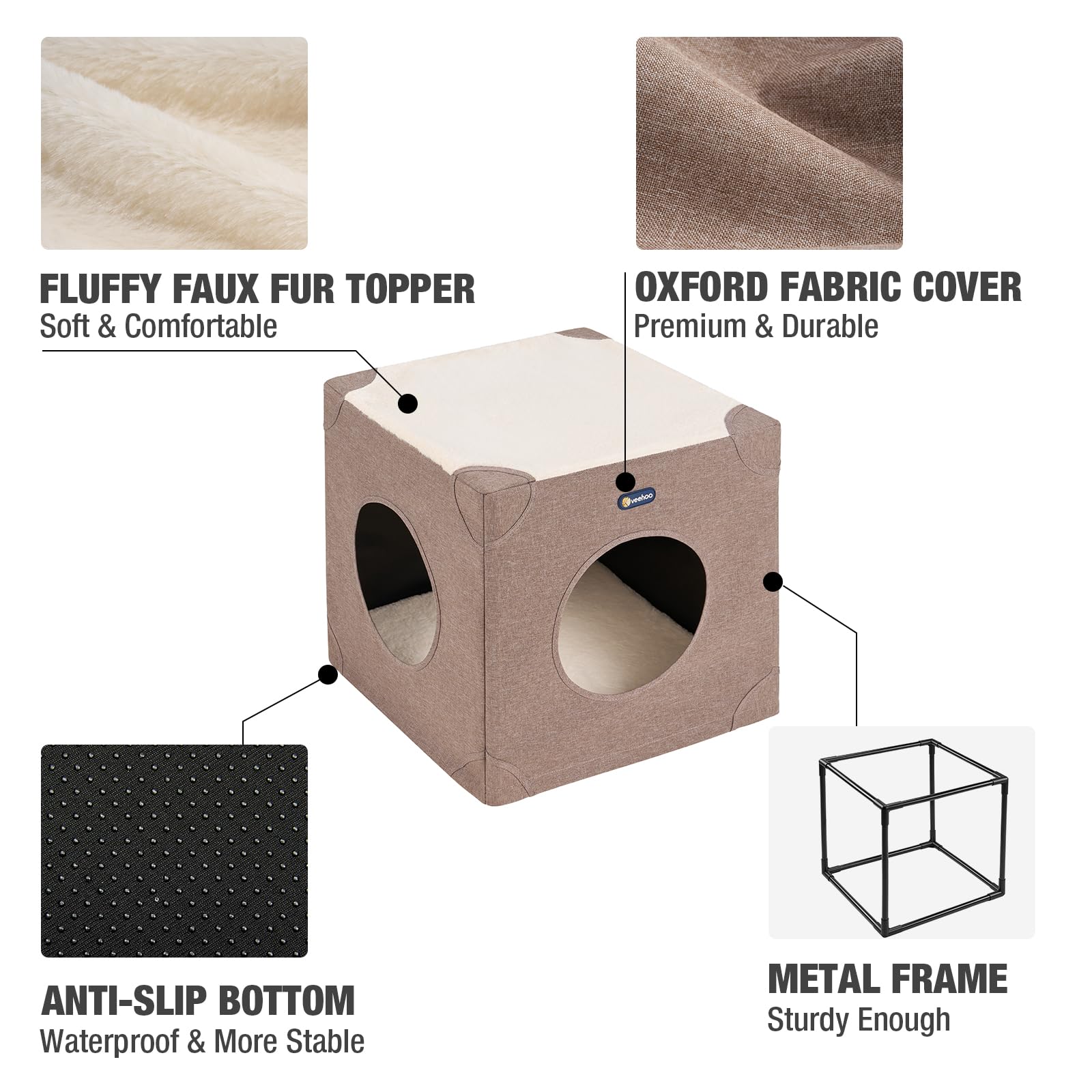 Veehoo Cat Bed House for Indoor Cats, 2 Large Cat Cave with Soft Fluffy Fuzzy Pad for Cat, Anti-Slip Warm Cat Condo Cube with Sturdy Metal Frame, Cute Cat Hideaway, Beige Coffee