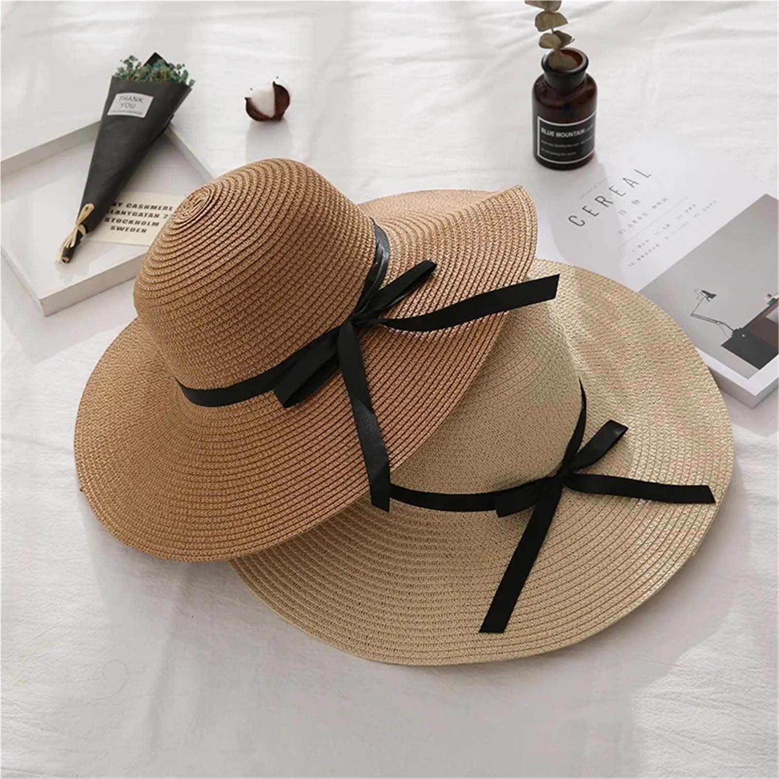 Sombrero Paja 1 Uds. Sombrero de Paja ala Ancha Verano a la Moda diseño Lazo Plegable Sol Playa for Mujer Estilo Coreano Accesorio Vacaciones Hecho a Mano | Beige