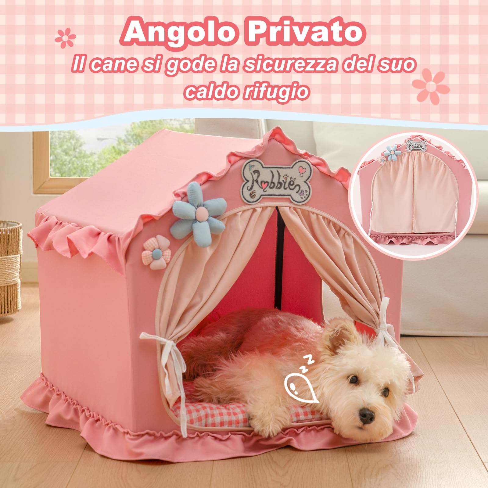 Jiupety Cuccia per cani con telaio, tenda per cani lavabile e pieghevole, casetta per cani per interni, lettino per cani ventilato con tetto per 4-9 kg, taglia M 43x43x43 cm, Rosa