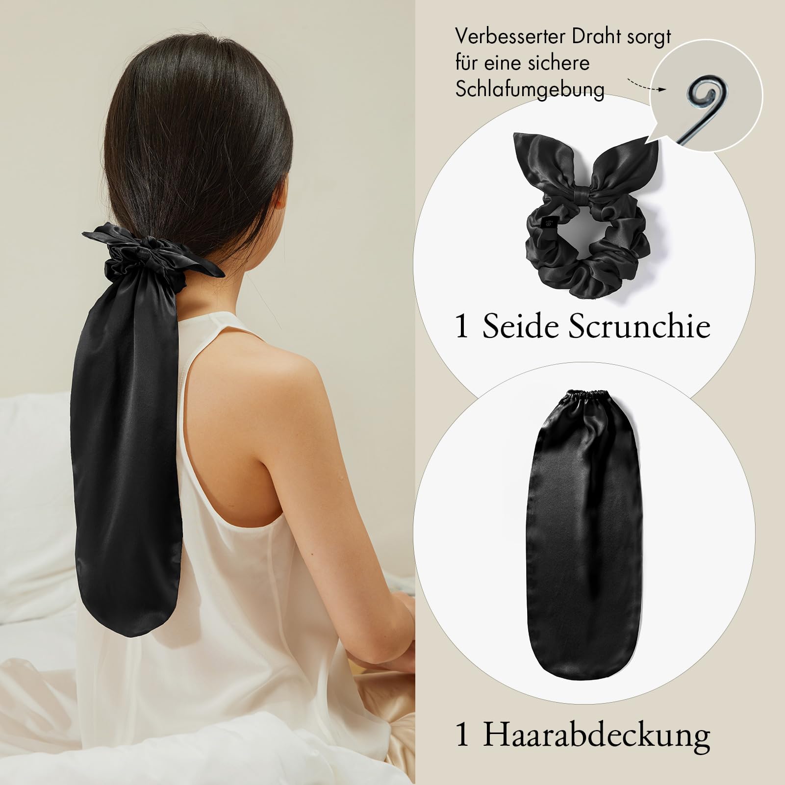 LILYSILK Gorro de seda para dormir Scrunchies 2 en 1, 100% seda, gomas para el pelo largo con goma elástica, ajustable, color negro