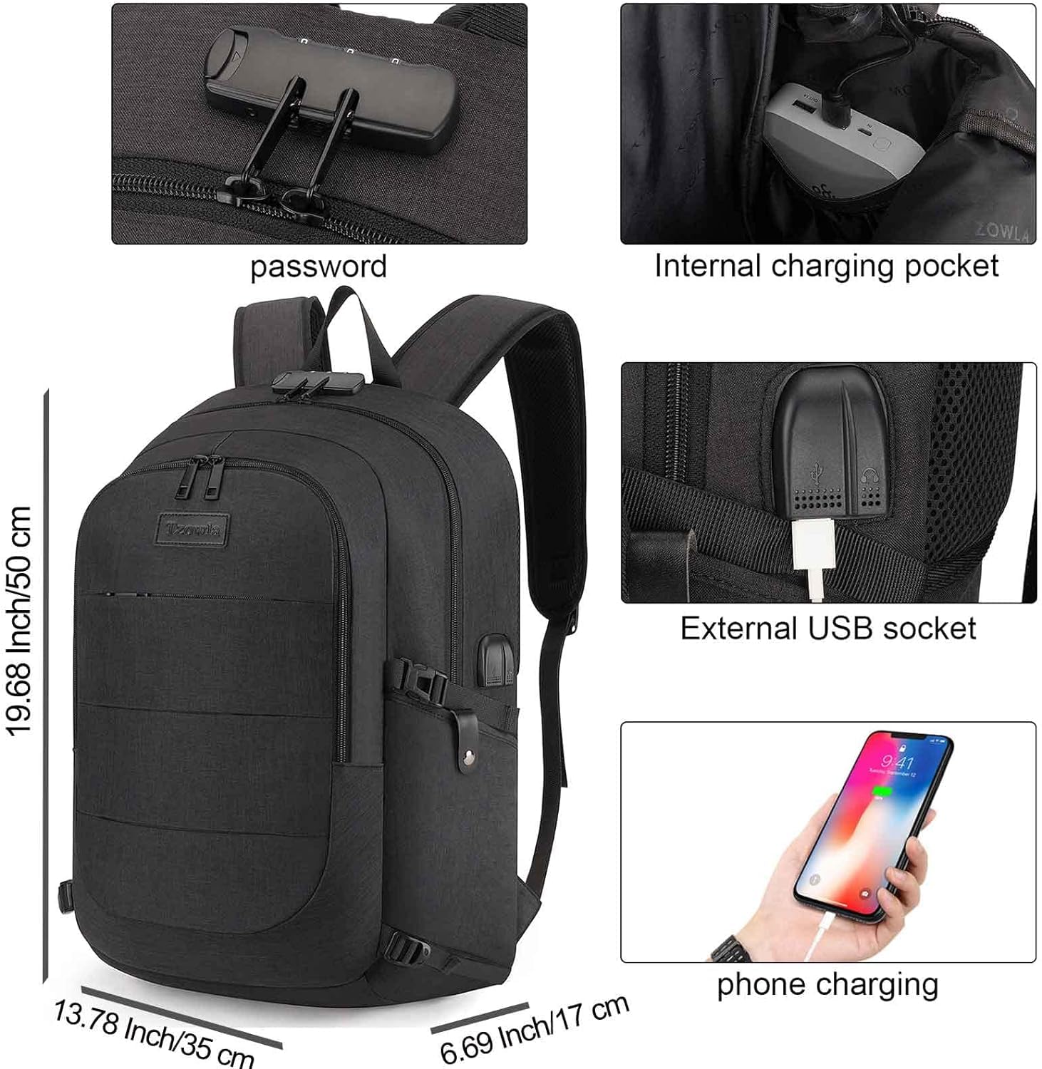 Tzowla Zaino Porta PC Universitari Uomo e Donna,Zaino da Viaggio Impermeabile Antifurto di Ricarica USB e Serratura per Notebook/Computer Accessori da 14,3/15,6 Pollici
