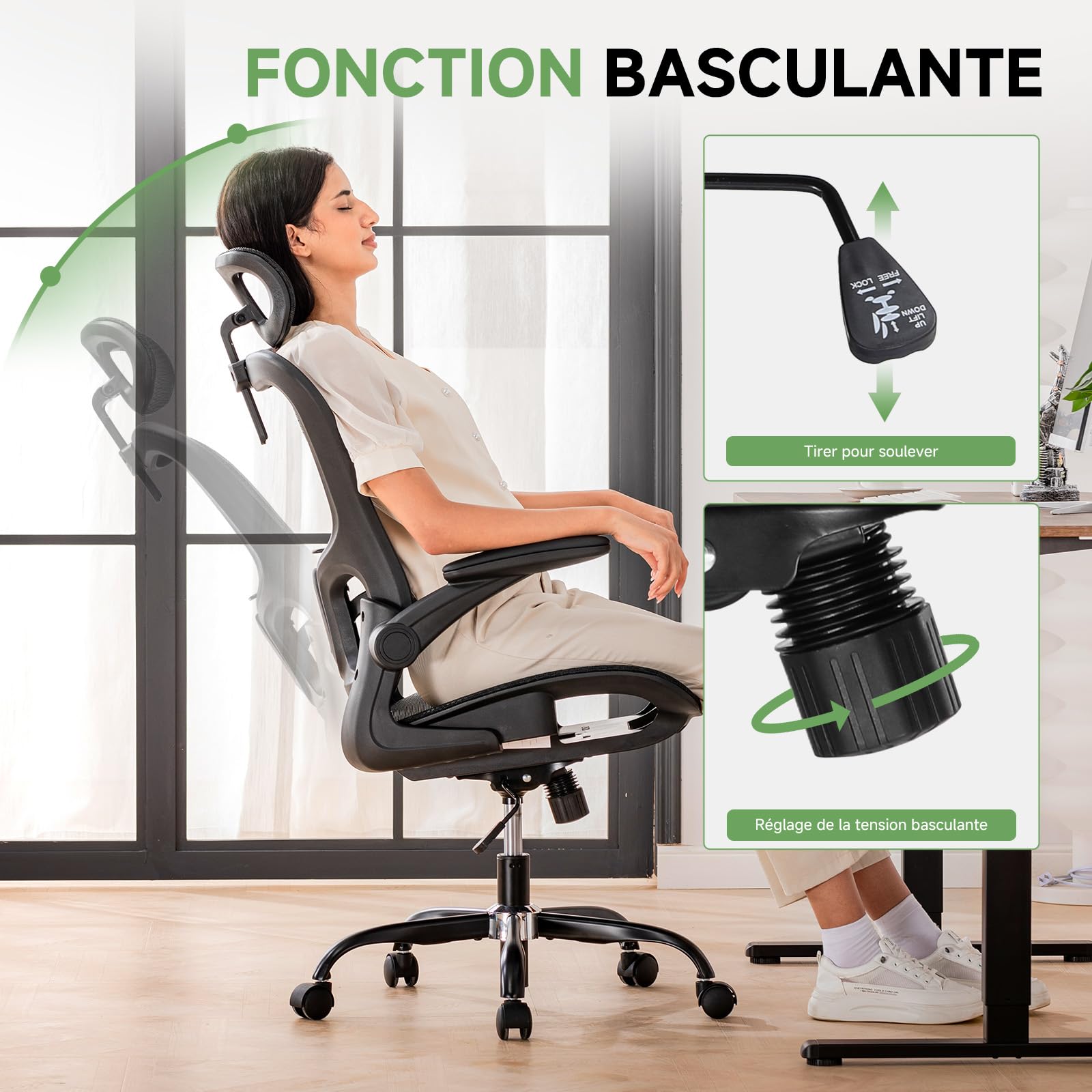 GTPLAYER Chaise de Bureau Ergonomique, Fauteuil avec Appui-tête Réglable, Accoudoirs Rabattables, Soutien Lombaire,Chaise de Gaming Fonction Bascule, Siège Rembourré en Maille Respirante,150 kg (Noir)
