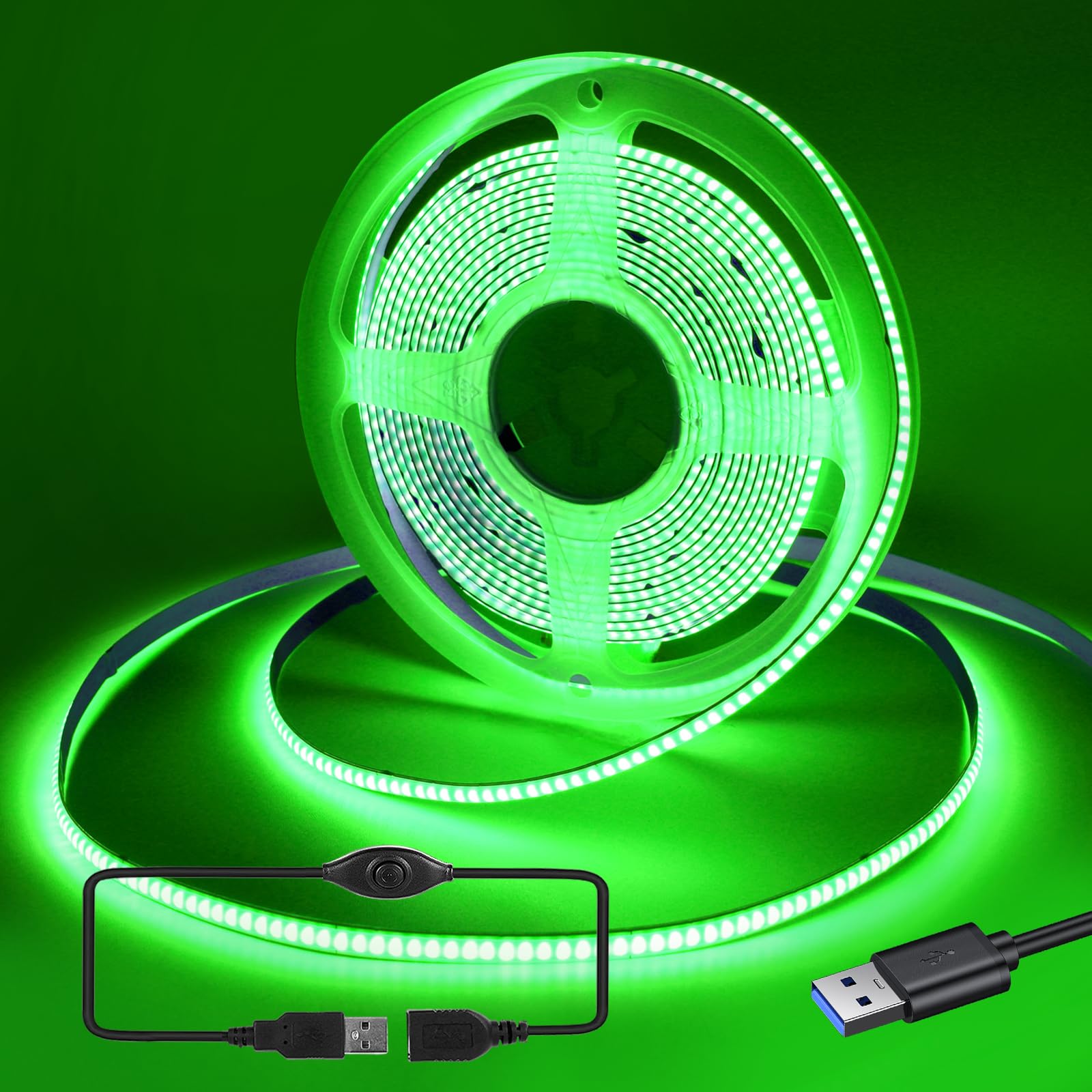 RYE USB Power 2m 5V COB LED Green Strip Light Kit,320LEDs/M,CRI80+,Flexible Rope/Tape Light for TV Monitor Backlight,Mirror,Cabinet,Wardrobe,Cupboard DIY Lighting,with Dimmer.