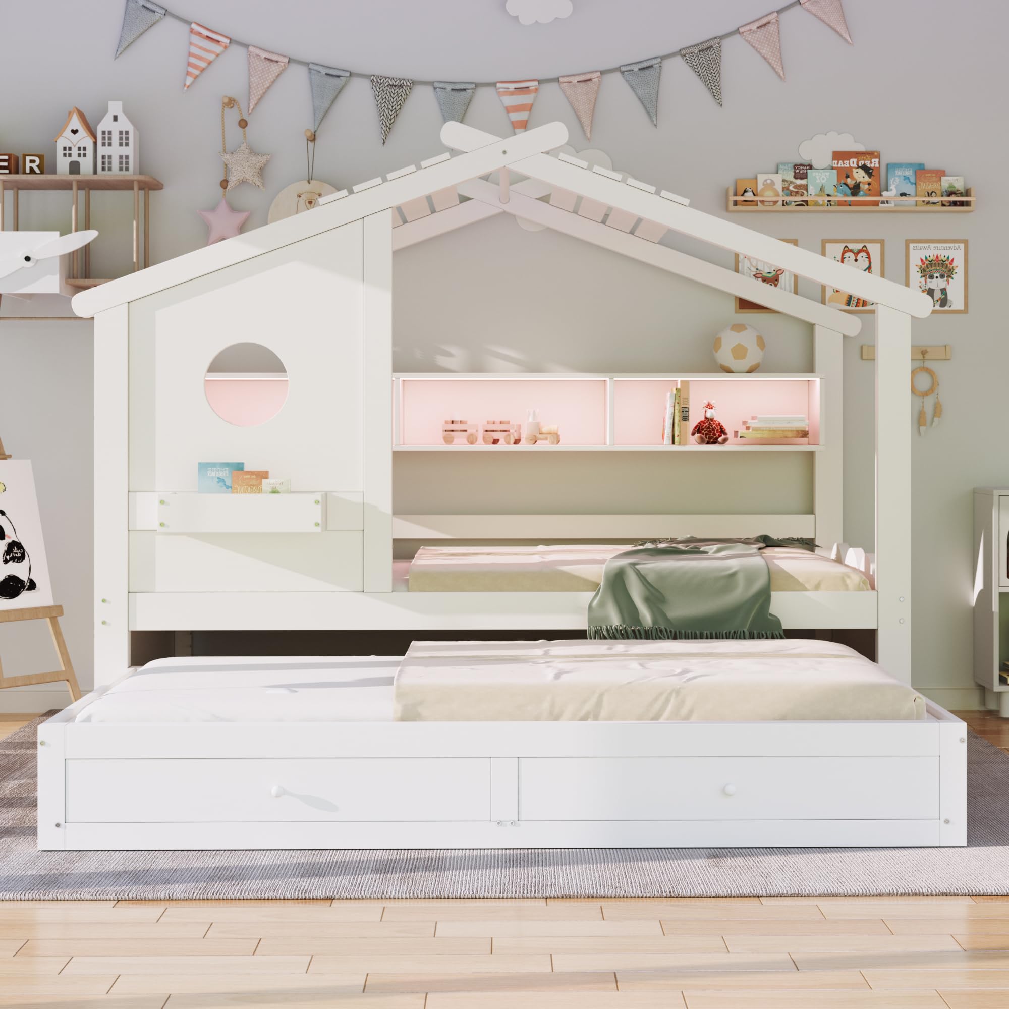 Lit Enfant 90x200cm avec Port USB et lumière LED,Conception de Maison,Lit d'enfant Multifonctionnel avec lit gigogne 90x190cm,avec 2 tiroirs et étagère de Rangement,Blanc (Matelas Non Inclus)