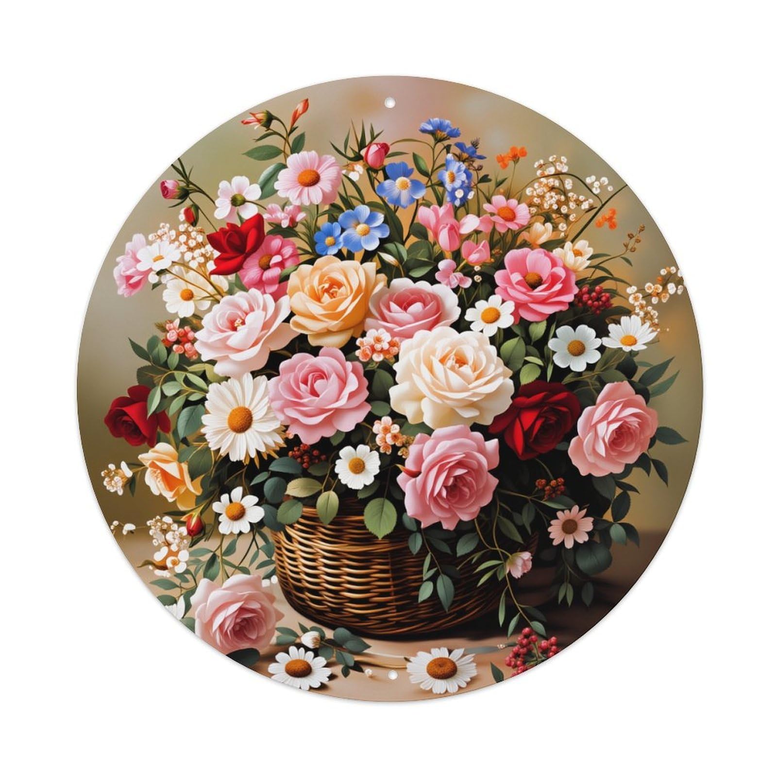 Floral Arrangement In Wicker Basket With Roses And Daisies Round Vintage Tin Sign,Retro Wall Art,Metal Poster for Home, Bar, Garage, Cafe, Rustic Indoor & Outdoor Decor, 8x8 Inches