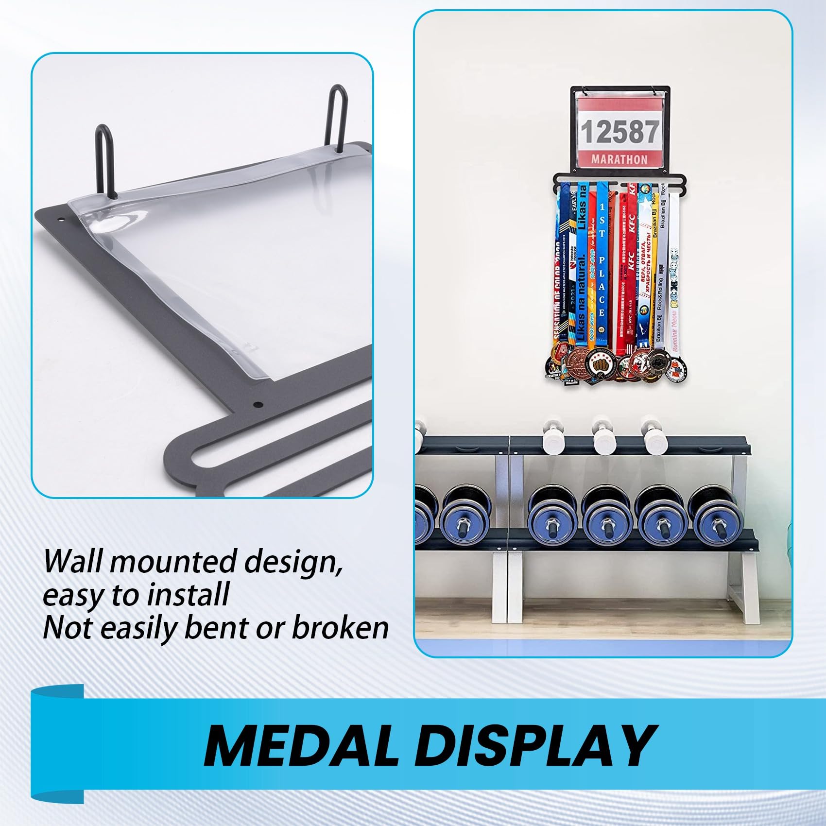 Exhibición de Medallas Colgador de Medallas Montado en la Pared Babero para Correr y Soporte para Medallas Estante para Medallas Colgante Soportes para Medallas de Forma Cuadrada