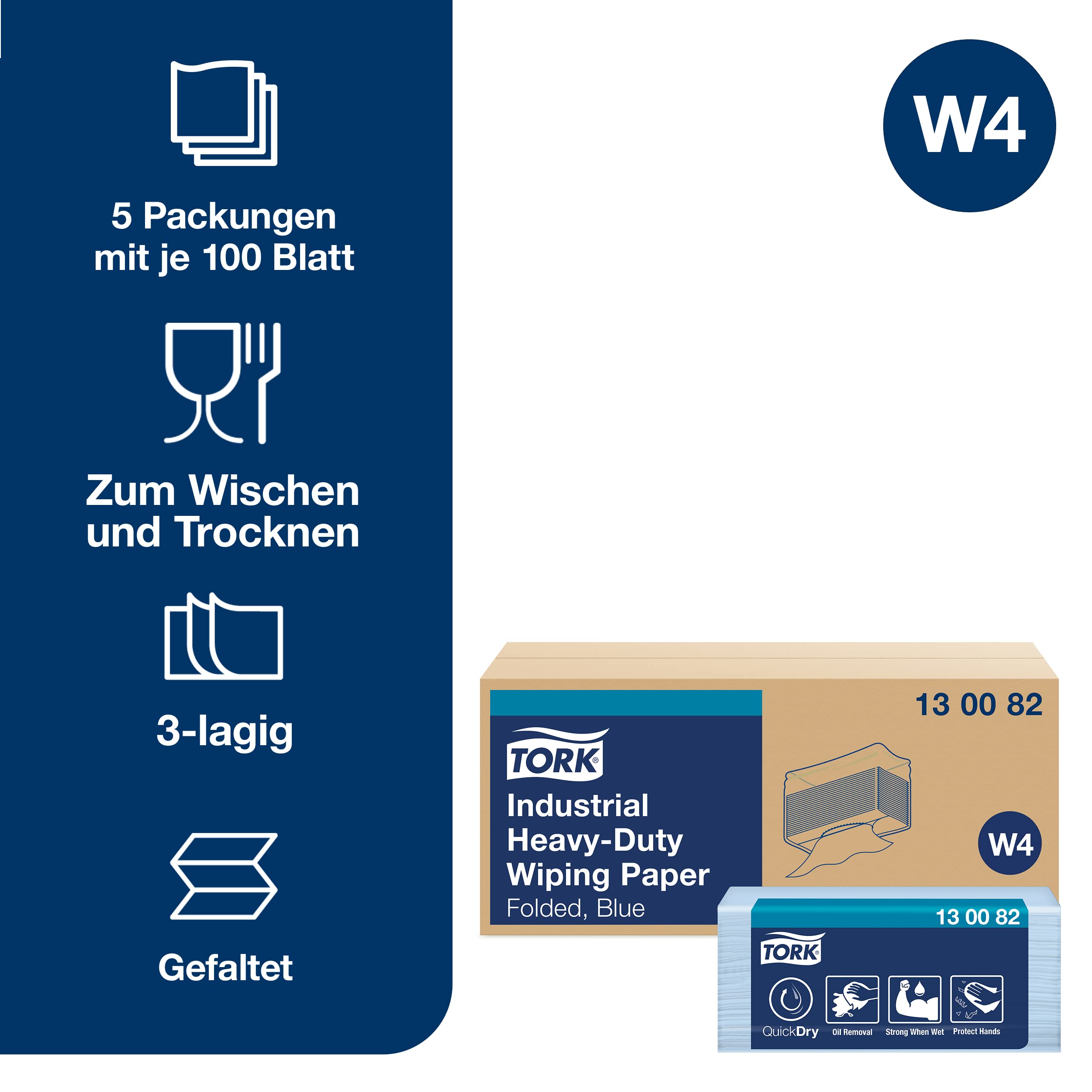 Tork 130082 Extra Starke Industrie Papierwischtücher für W4 Einzeltuch System / 3-lagige Wischtücher in Blau / Premium Qualität / 500 Papiertücher / 38,5 x 32,4 (B x L)