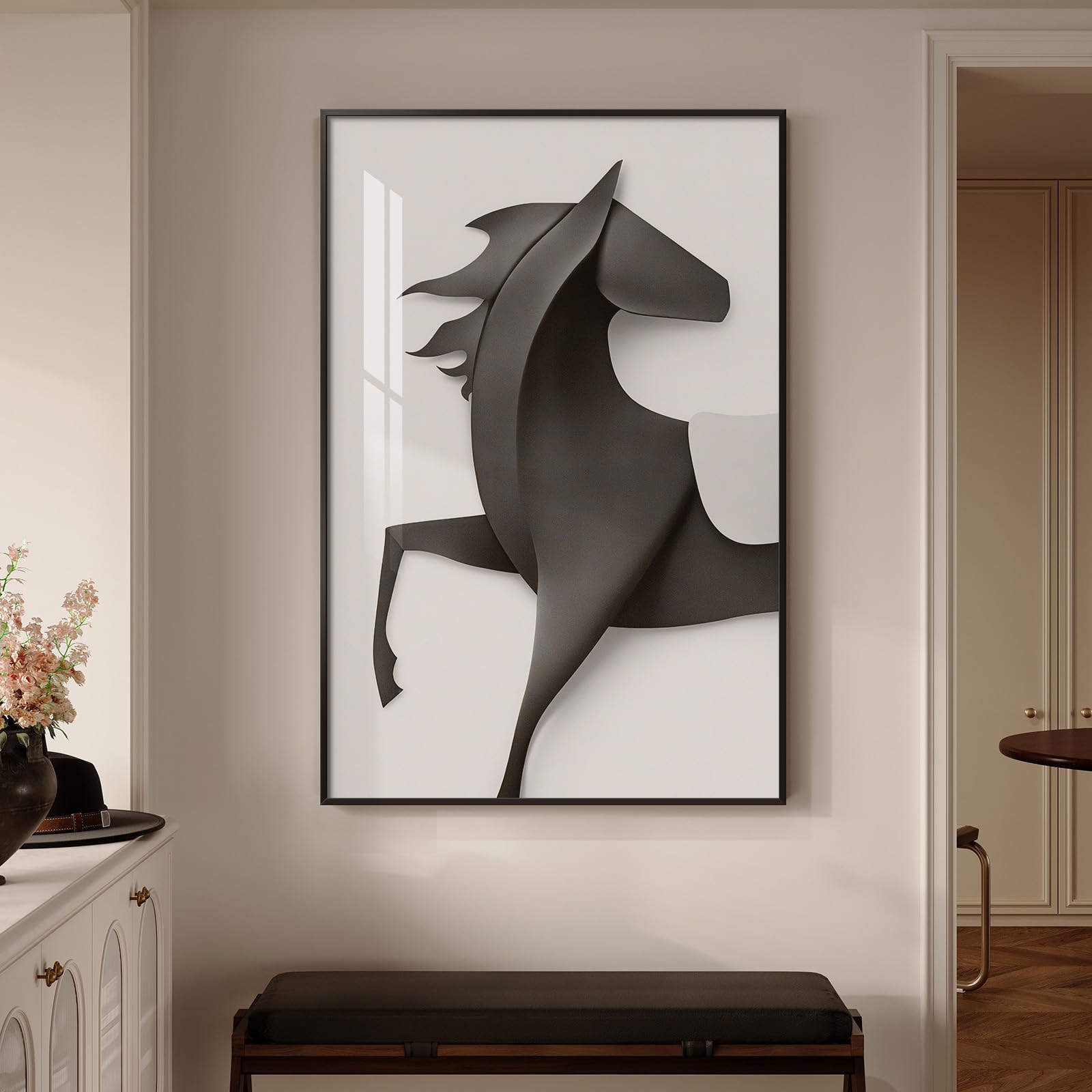 Photo 1 of Large Framed Modern Black and White Horse Wall Art, Vertical Abstract Animal Bright Style Artwork for Walls, Minimalist Picture Print Painting for Living Room Hallway Dining Room Wall Decor 24x36 Inch