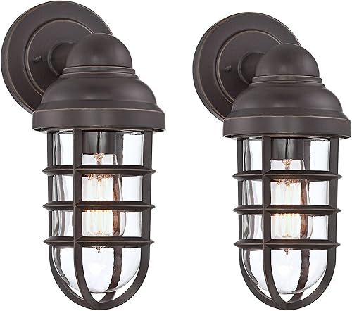 Miniatura 2 de John Timberland Marlowe - Juego de 2 lámparas de pared industriales modernas para exteriores, jaula de metal de bronce de 13 14 pulgadas, cristal