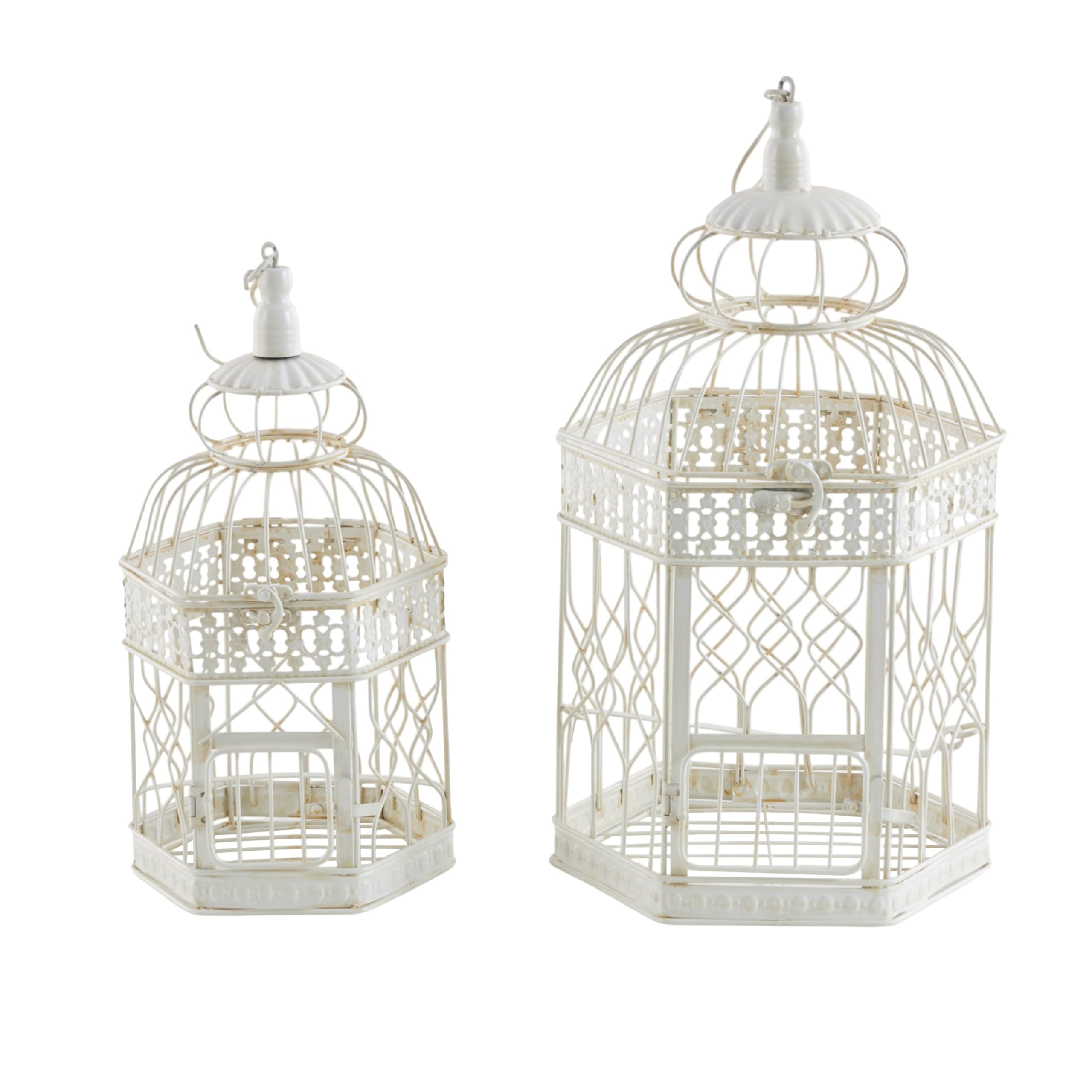 Deco 79 Metal Scroll Birdcage Distressed Wire with Latch Lock Closure and Hanging Hook, Set of 2 21", 18"H, Cream