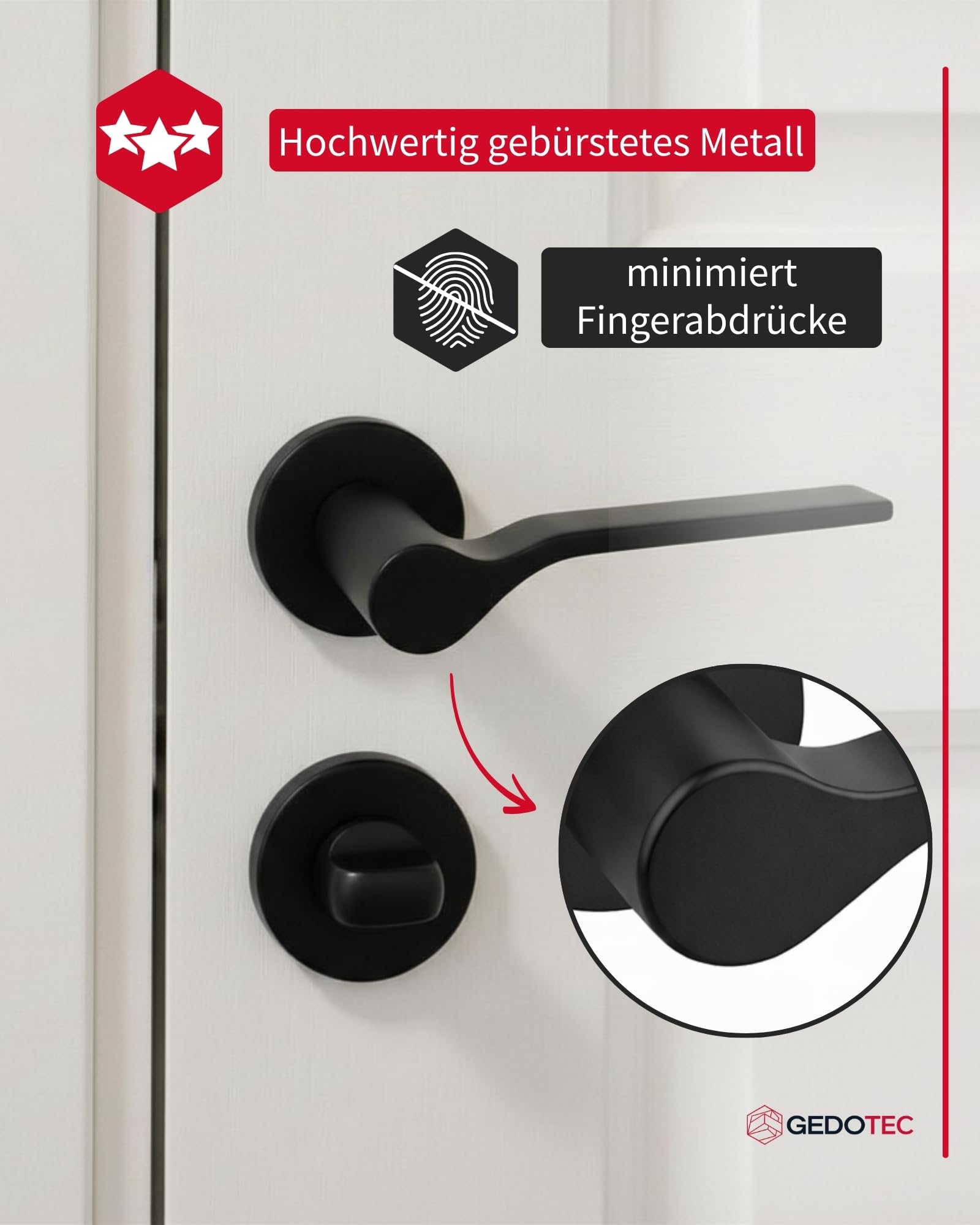 Gedotec Zestaw klamek ONDA do drzwi wewnętrznych z metalu, zestaw rozet WC łazienka czarny matowy, klamka do drzwi pokojowych, zestaw klamek okrągła rozeta do drzwi o grubości 35 do 47 mm