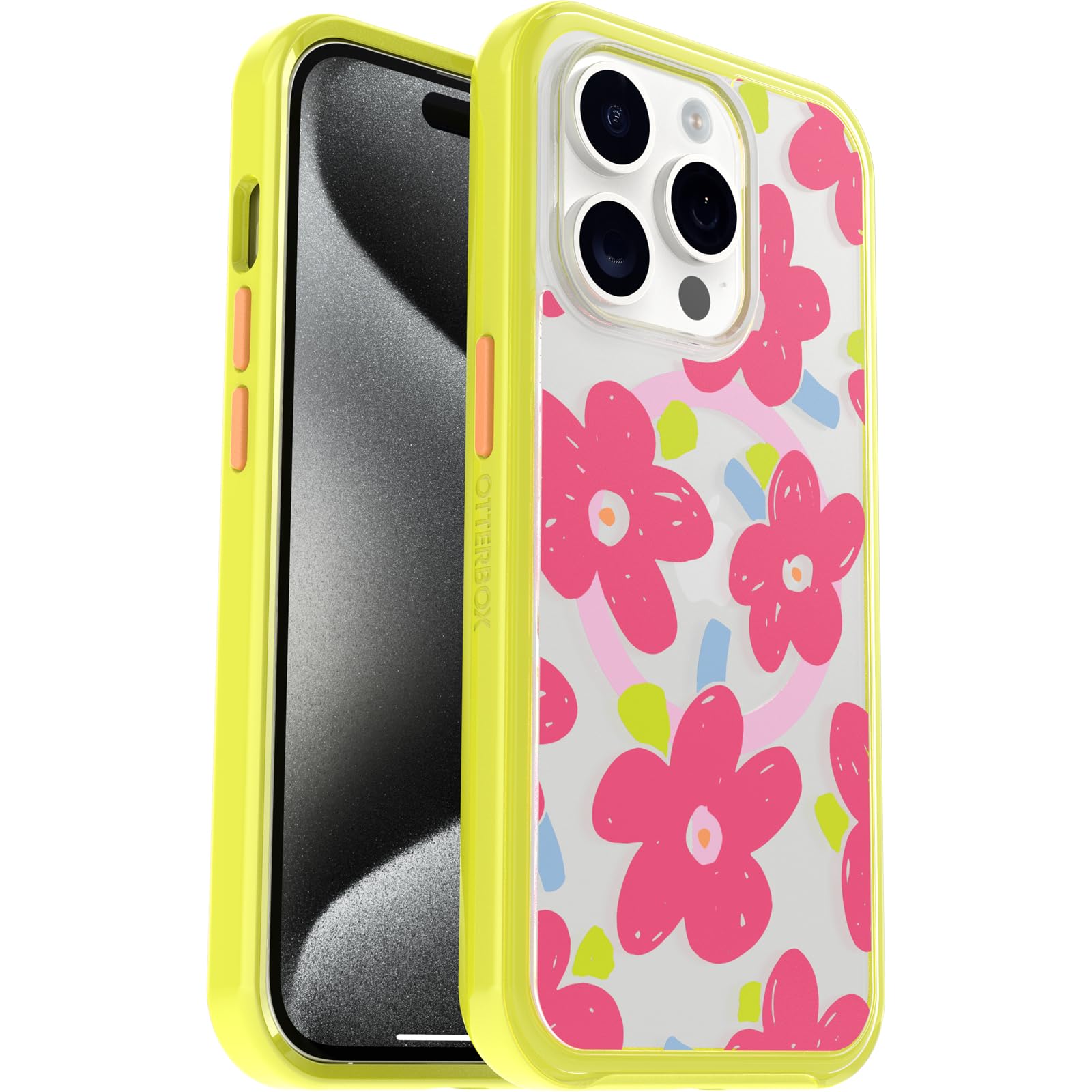 OtterBox Cover per Apple iPhone 15 Pro Symmetry Clear MagSafe, resistente a shock e cadute fino; sottile, testata 3x norme MIL-STD 810G, Whimsy Bloom