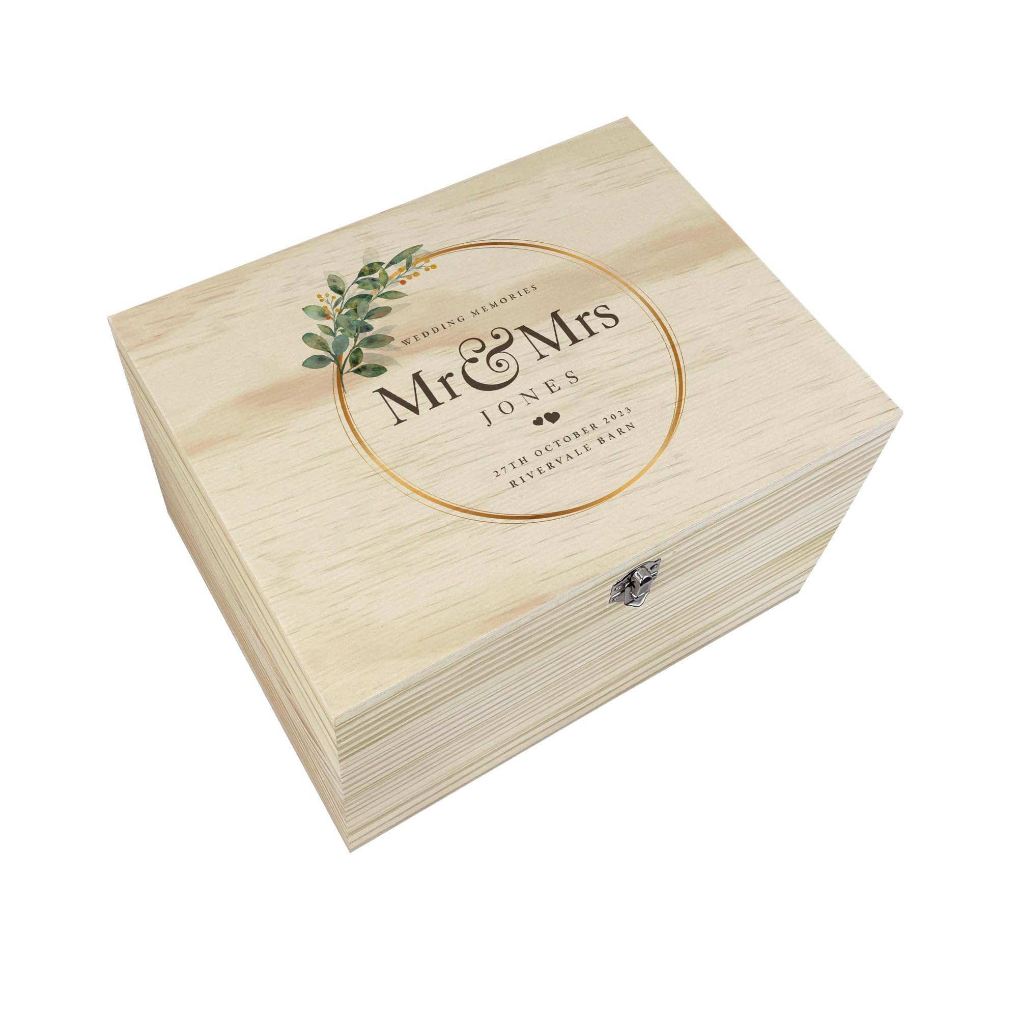Caja de recuerdos de boda de madera personalizada, regalo de boda personalizado, mensaje, apellido, fecha y lugar, regalo perfecto para el día de la boda, diseño de corona dorada y hojas, 20 x 15 x 11
