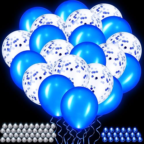 Halloscume Juego de 60 globos LED y luces, bolas de globo reutilizables brillantes en azul para actividades al aire libre, cumpleaños, aniversario,