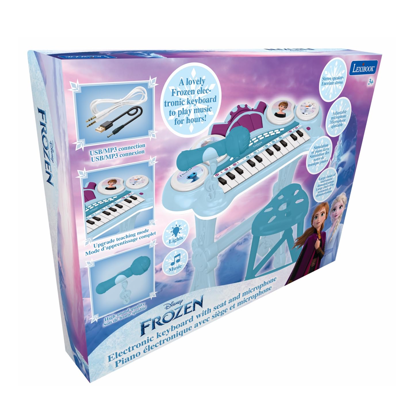 Lexibook, Frozen, Teclado electrónico con Asiento, micrófono, Reproductor MP3, Efectos de Sonido, melodías de demostración, Azul/Morado, K707FZ