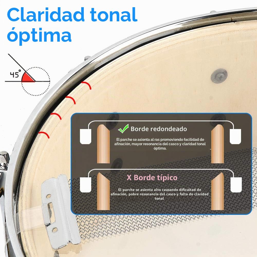 Vangoa Tambor de Caja Tarola Snare Drum 14 Pulgadas para Profesionales, Estudiantes y Principiantes Llave de Afinación, Baquetas y Almohadilla de Práctica Tambor Acústico de Madera