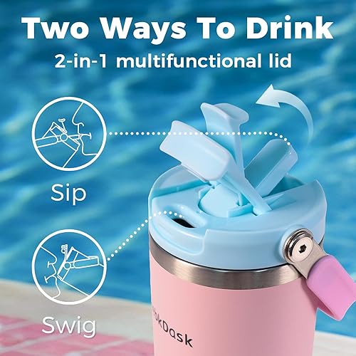 Miniatura 5 de Botella de acero inoxidable aislada de 40 onzas con popote 2 en 1 y tapa de boquilla, botella de agua con asa de transporte que mantiene el frío 24