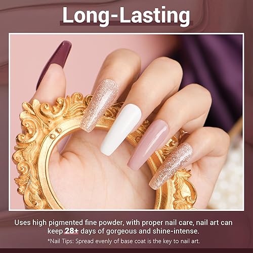 Miniatura 4 de AZUREBEAUTY Kit de iniciación de uñas en polvo de inmersión blanco malva con purpurina champán, juego de 4 colores de polvo de inmersión, base de