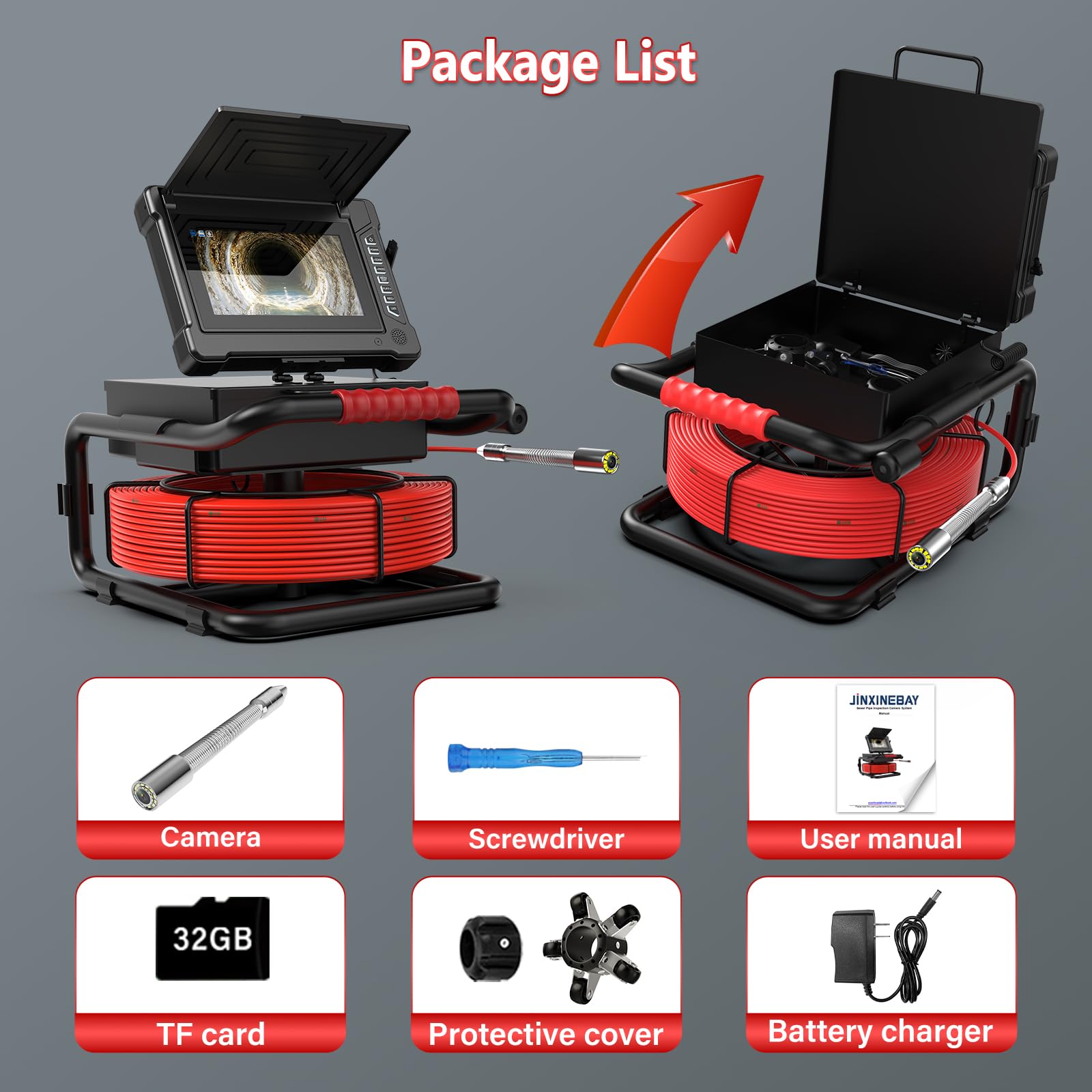 Cámara de alcantarillado de 100 pies/30 m, pantalla IPS de 7 pulgadas, cámara endoscópica industrial, función DVR autonivelante con marcador de medidor, tarjeta de 32 GB para tuberías de drenaje