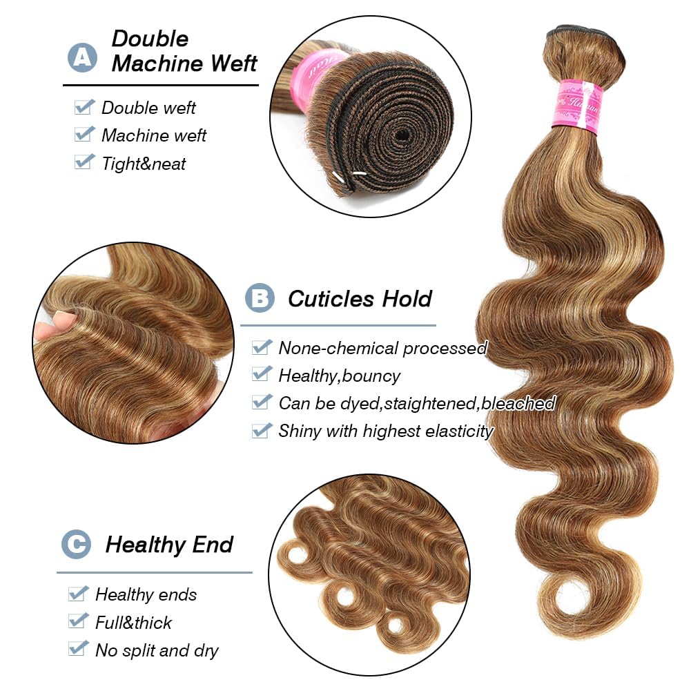 Ombre Highlight Body Wave Human Hair Bundles 100% Unprocessed Brazilian Virgin Hair Brown Highlight Body Wave Bundles Double Weft Wet and Wavy 3 Bundles for Black Women