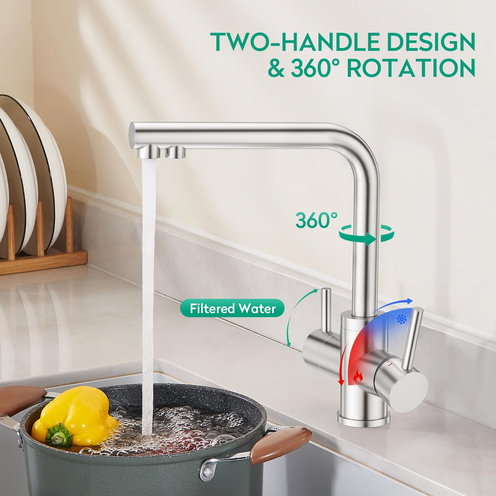 CREA 3 Wege Wasserhahn Küche Edelstahl, Mischbatterie Küche | 360° Drehbar Küchenarmatur, 3 in 1 Spültischarmatur für Wasserfilter, Trinkwasserhahn mit Doppelhebel, Gebürstete Oberfläche