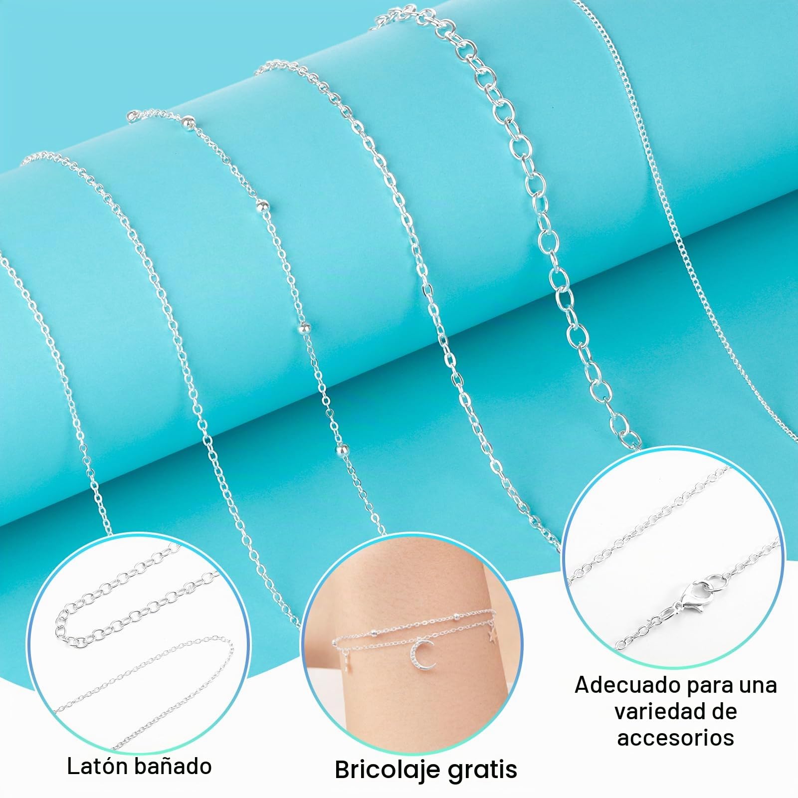 Draupnir 14m 6 Rollos Cadenas Hacer Joyas, Cadena de Collar Plata Kit Cadena Eslabones con Cierres de Langosta, Anillos de Salto y Cierre en Forma de U para Accesorios DIY Hacer Joyas