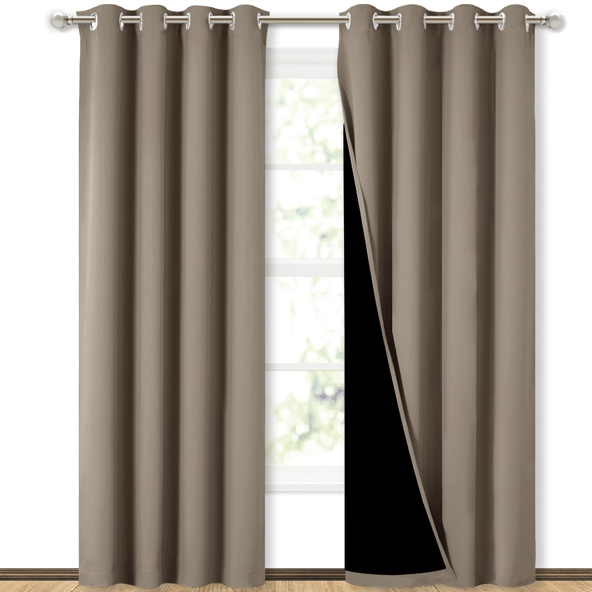 NICETOWN Total Shade Curtains and Draperies, Heavy-Duty Full Light Shading Drapes with Black Liner Backing for Villa/Hall/Dorm Window（Taupe, Package of 2 Panels, 52 inches Wide x 95 inches Long