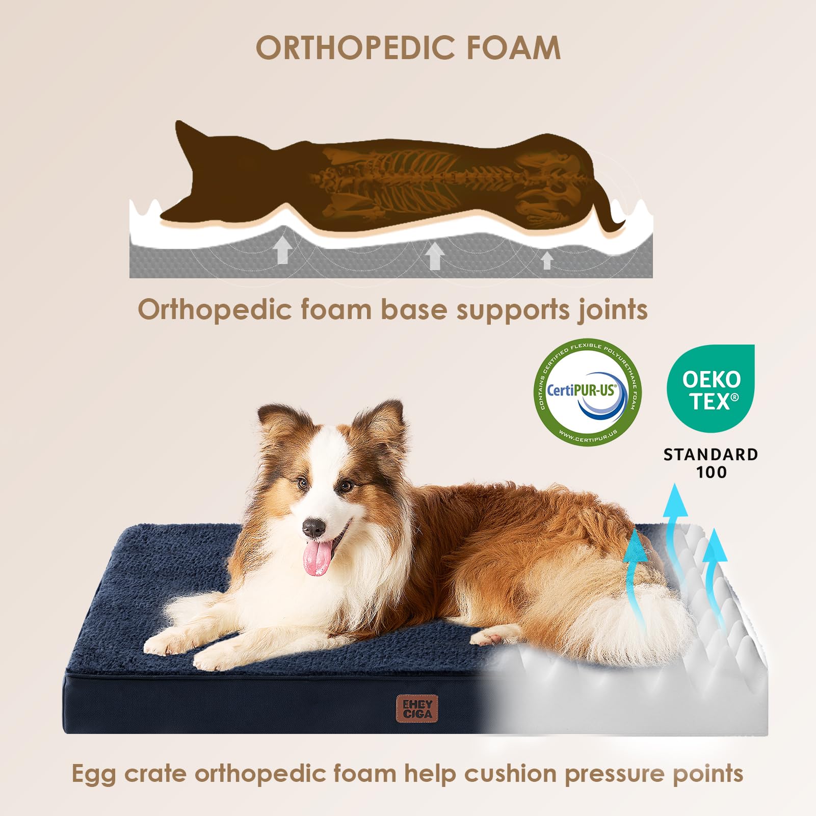 EHEYCIGA Cuccia Cane Interno Taglia Grande XL, (112L x 81W cm) Ortopedica Cuscino per Cani, Cuscino Cane Sfoderabile e Lavabile, Ortopedico Lettino per Cani, Orthopedic Dog Bed, Blu Navy